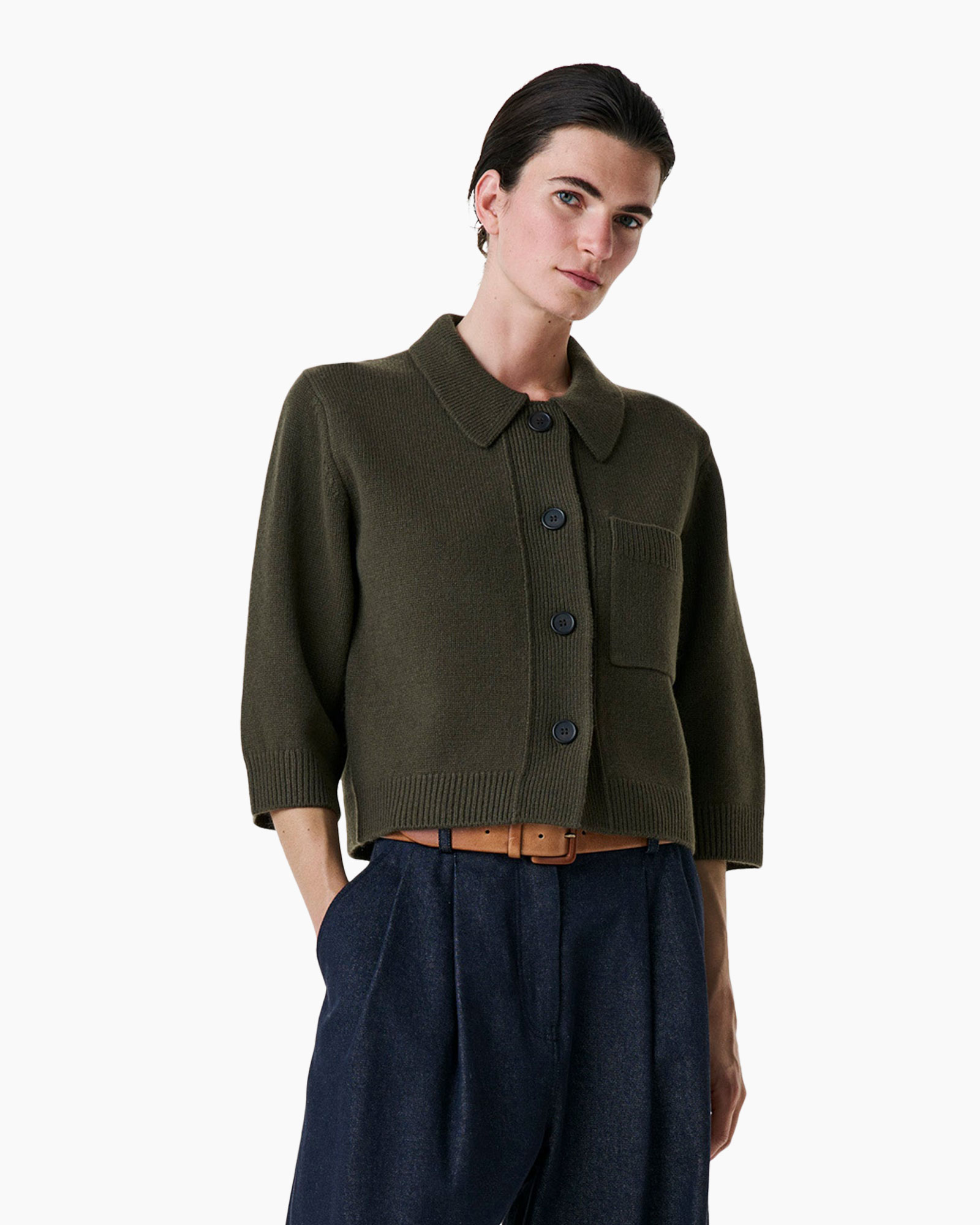 cardigan, short-sleeve, olive green, knit, buttoned cardigan