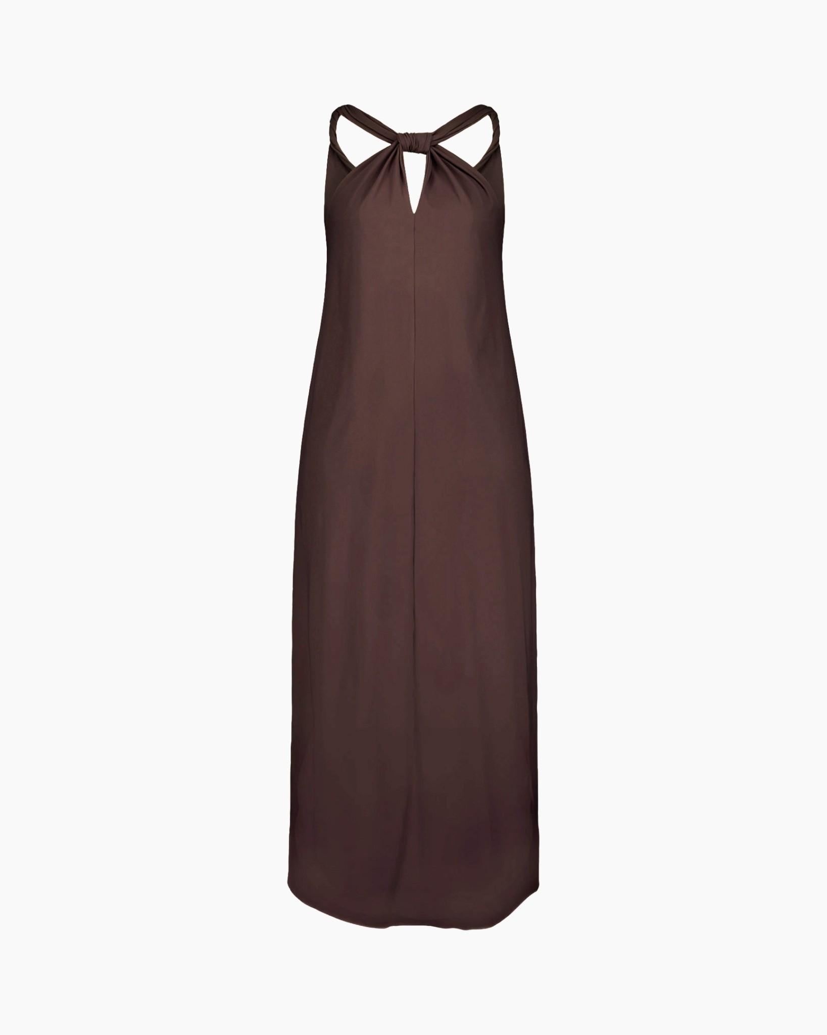 maxi dress, brown, halterneck, sleeveless, floor-length