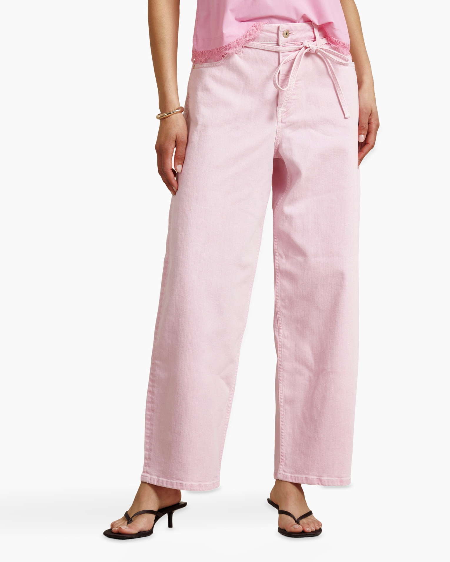 pink pants, wide leg, drawstring, linen? cotton?, lariat lace edge