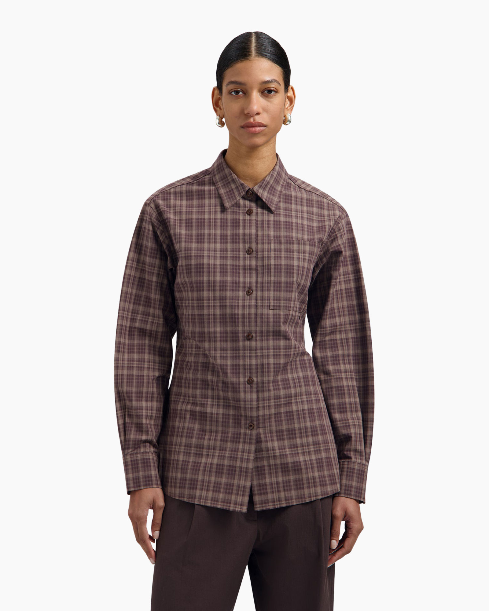 plaid shirt, button-up, long-sleeve, collared, brown