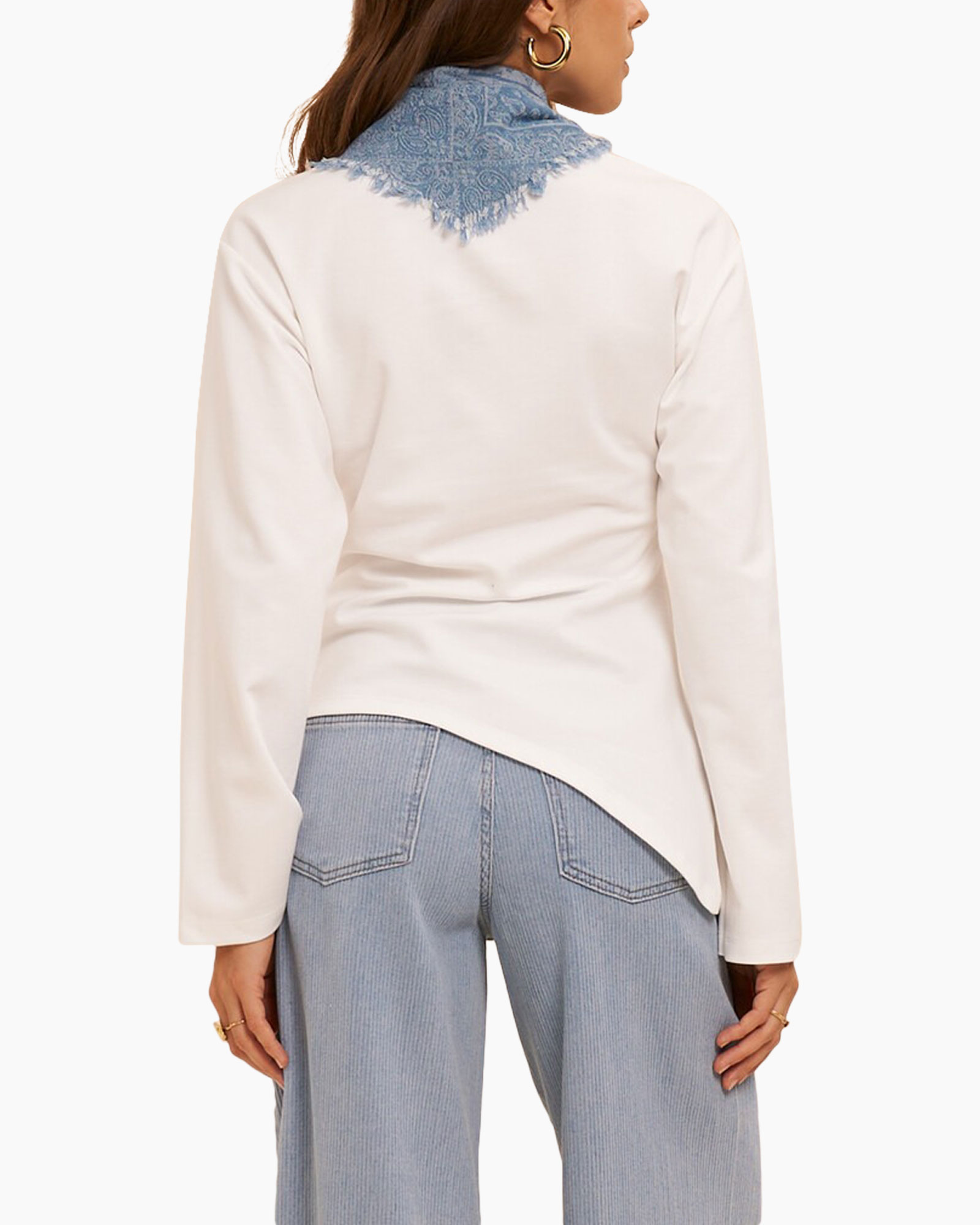 white top, lace collar, long sleeves, pearl/blue scalloped collar, casual blouse