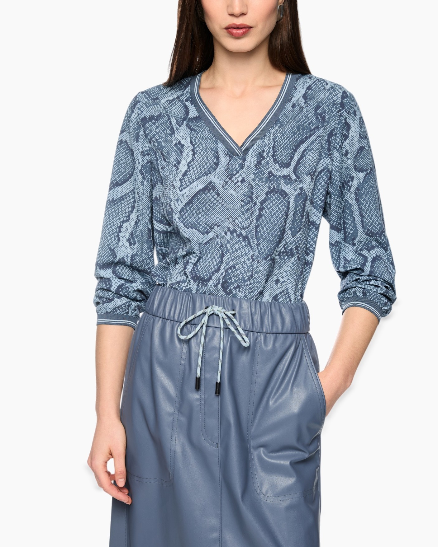 blouse, snake print, v-neck, long sleeves, drawstring skirt