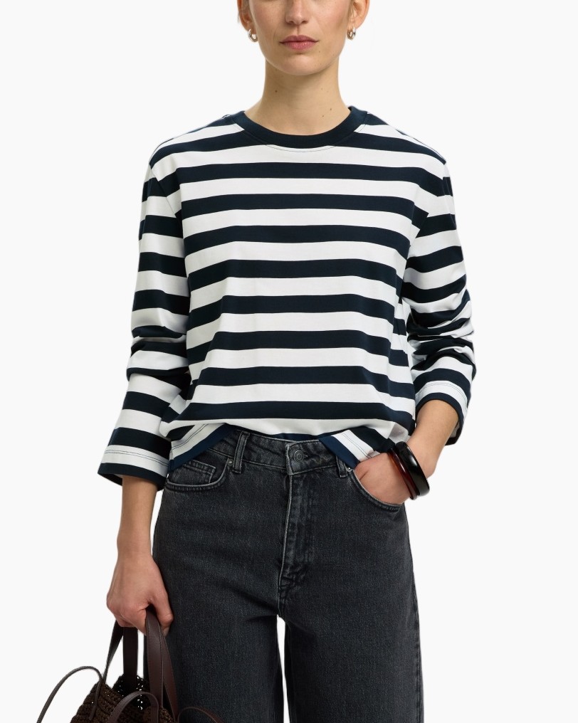 striped shirt, long sleeves, navy white, crew neck, casual top