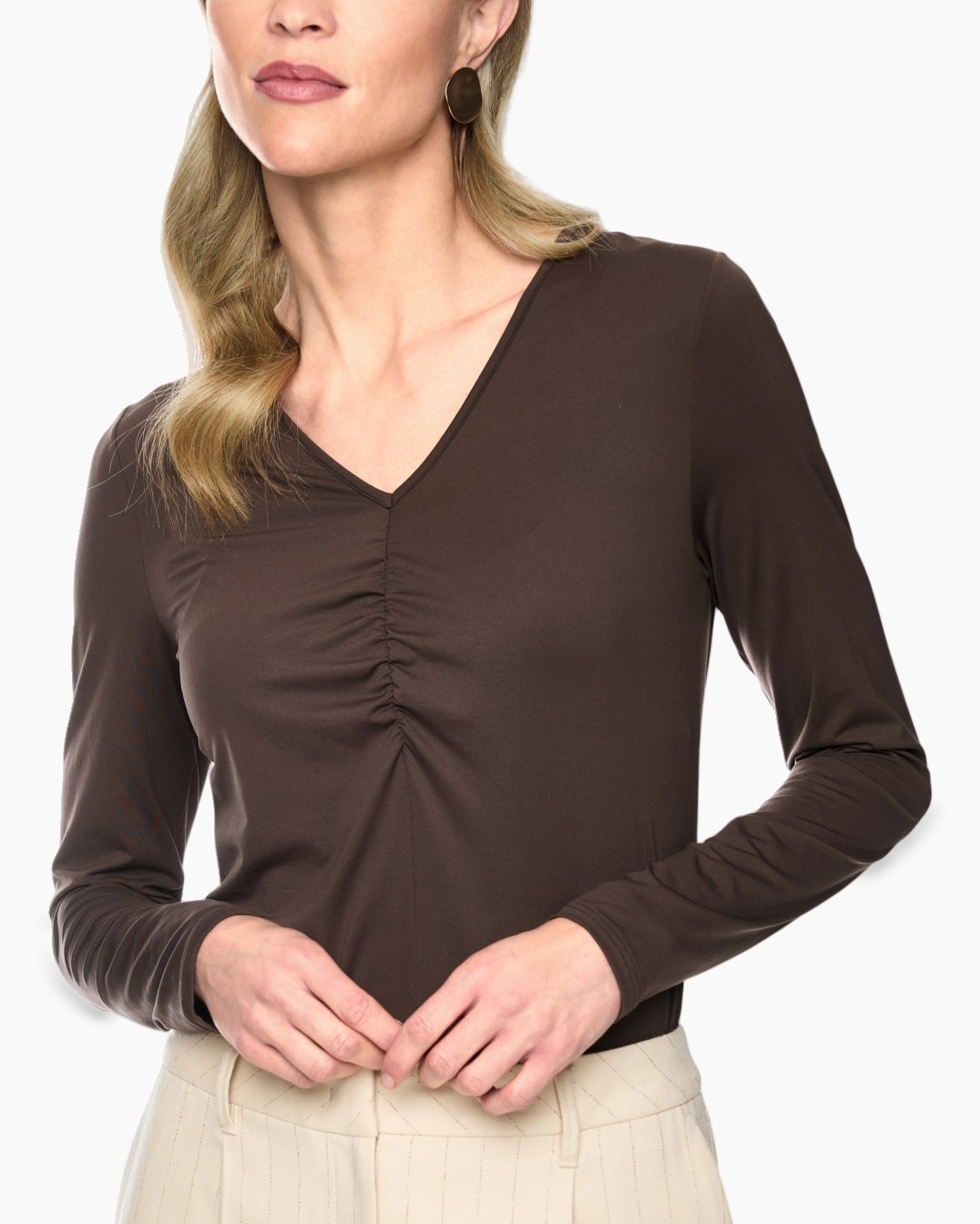 long-sleeve top, brown top, V-neck, ruched center, soft knit