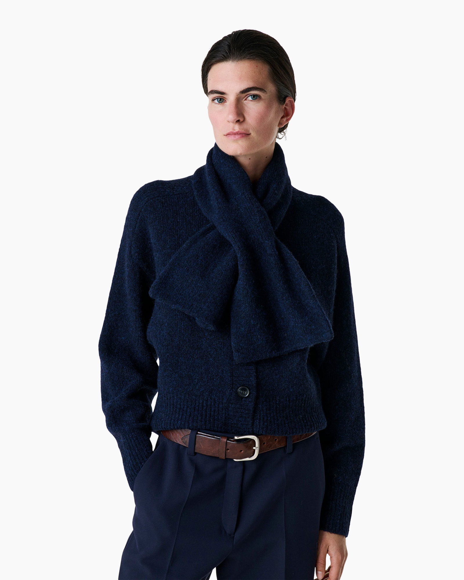 cardigan, knitwear, scarf, navy, belted pants