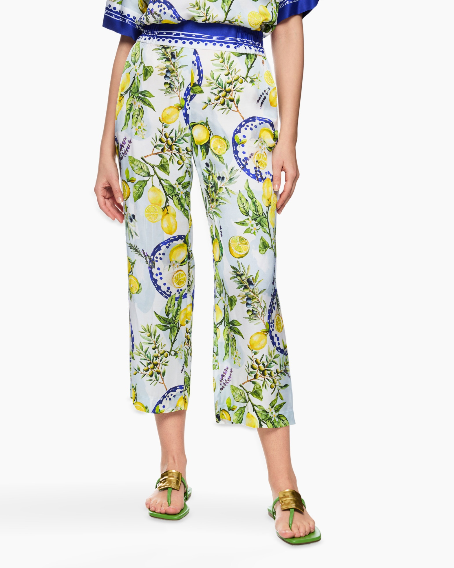 pants, calf-length, print, lemons, palm tree