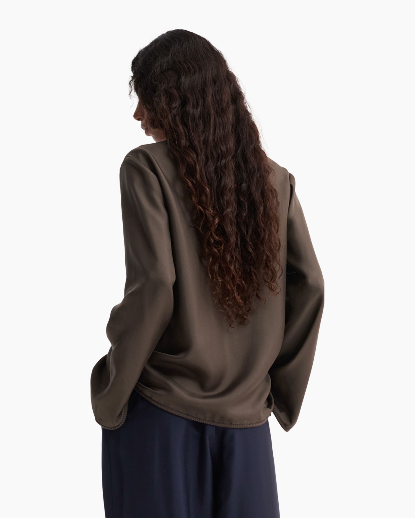 blouse, long-sleeve, v-neck, frog closures, solid, taupe
