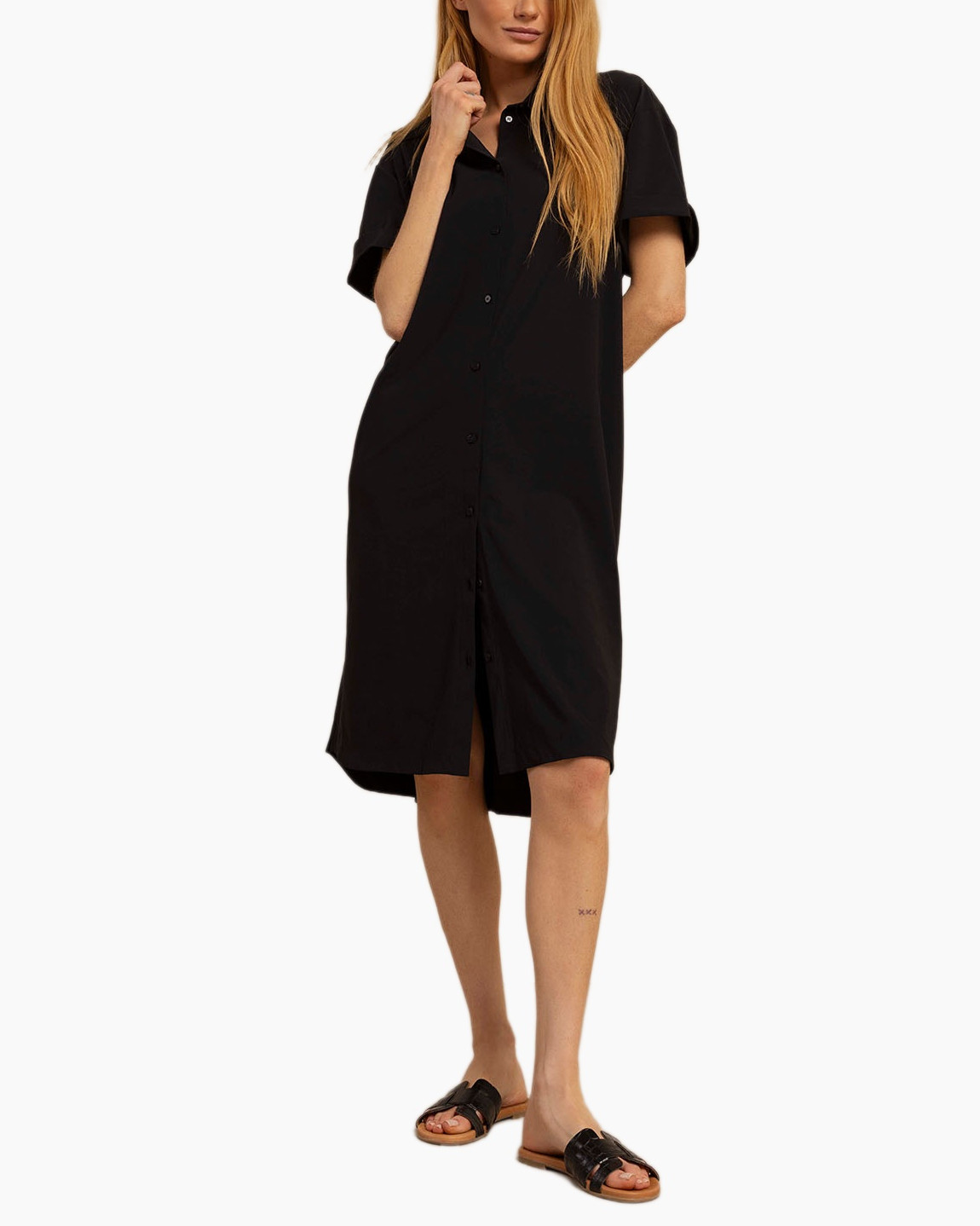 dress, shirt dress, black, short sleeves, knee-length