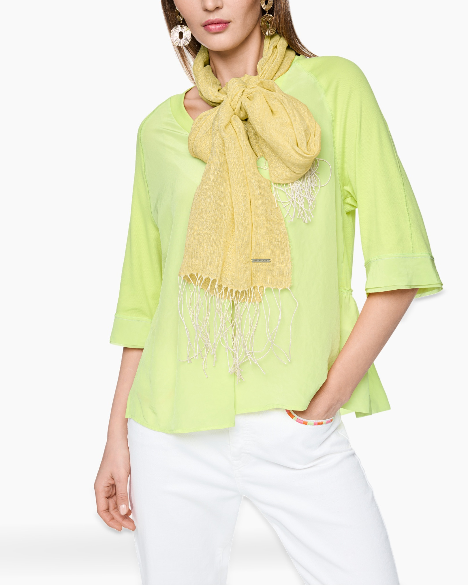 top, scarf, scarfed, light-green, fringe
