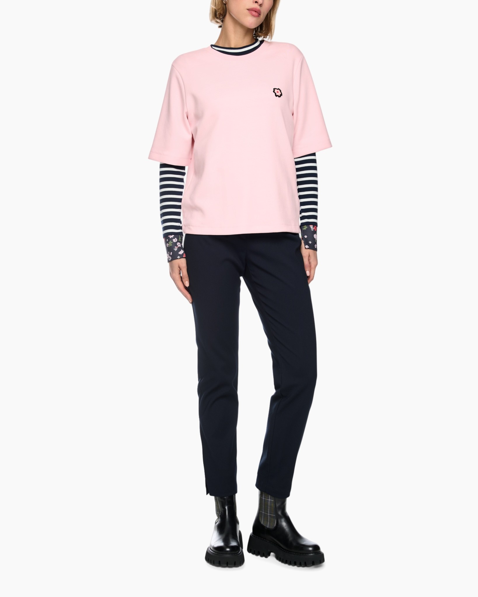 pink top, short sleeve, t-shirt, flower emblem, layered sleeves