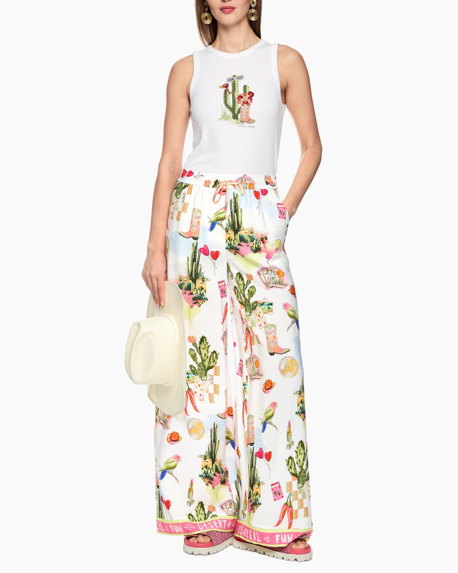 tank top, graphic print, palazzo pants, summer outfit, straw hat