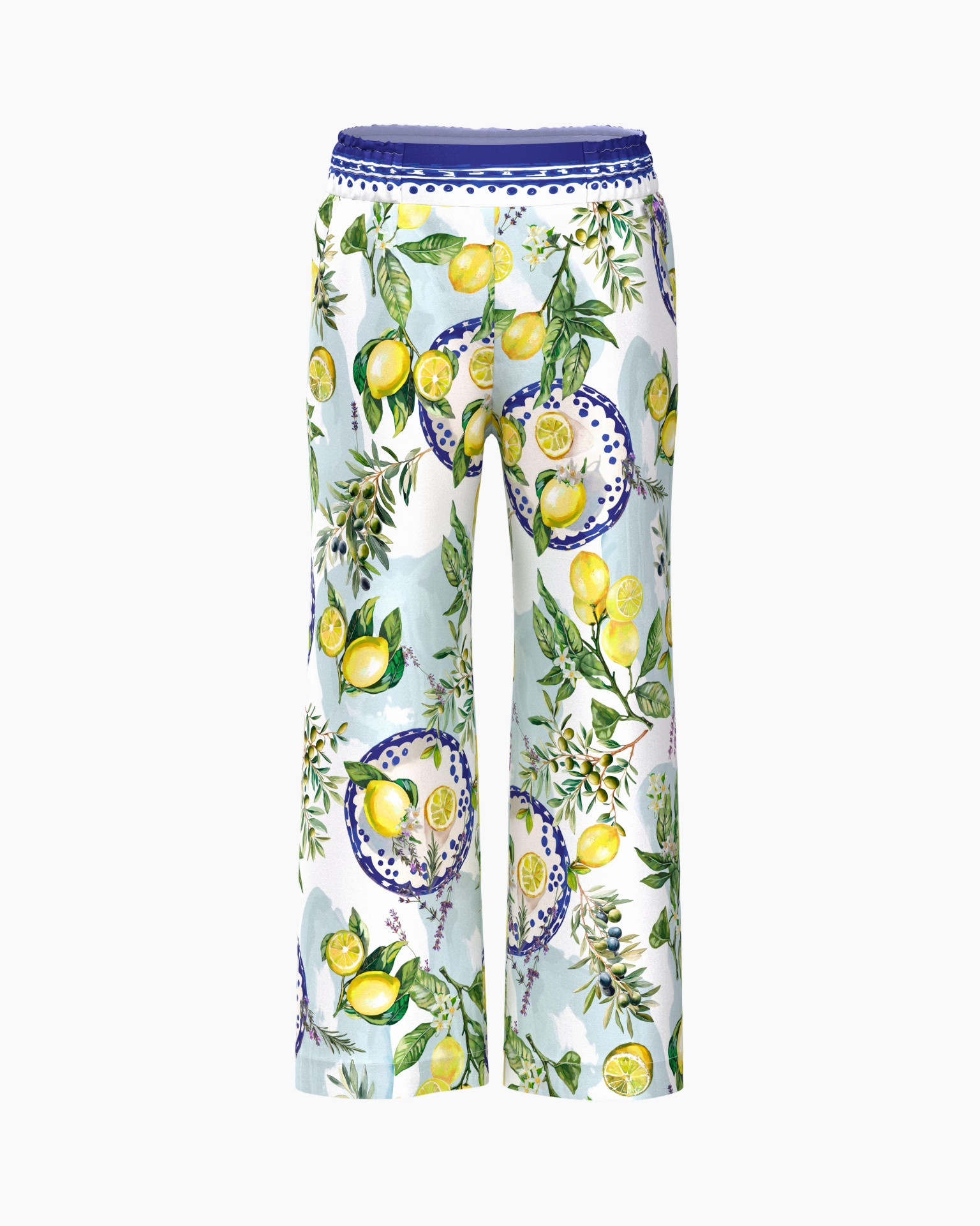 pajama pants, lemon pattern, fruit print, light blue, drawstring waistband