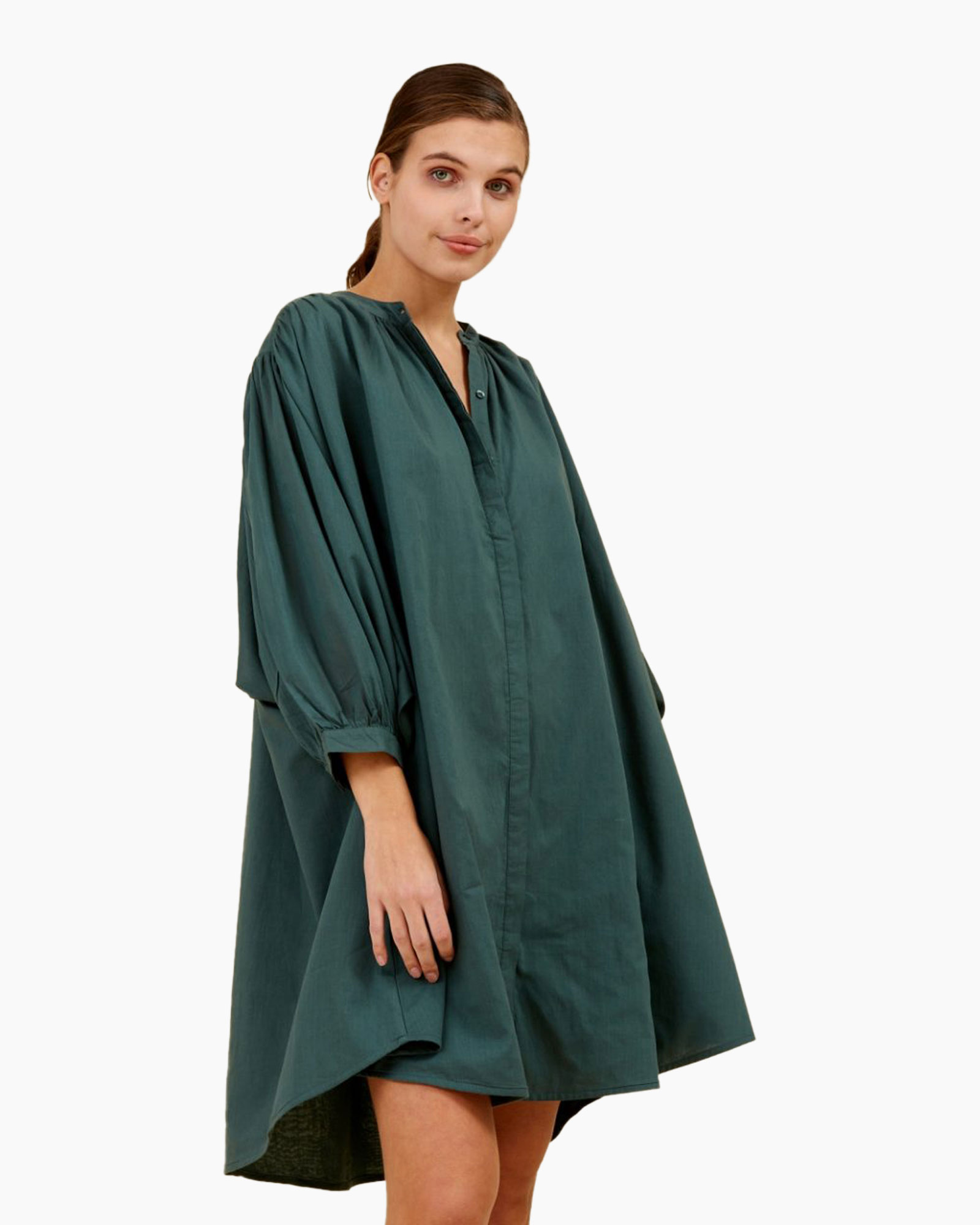 dress, shirt-dress, green, waist-tie, long-sleeve