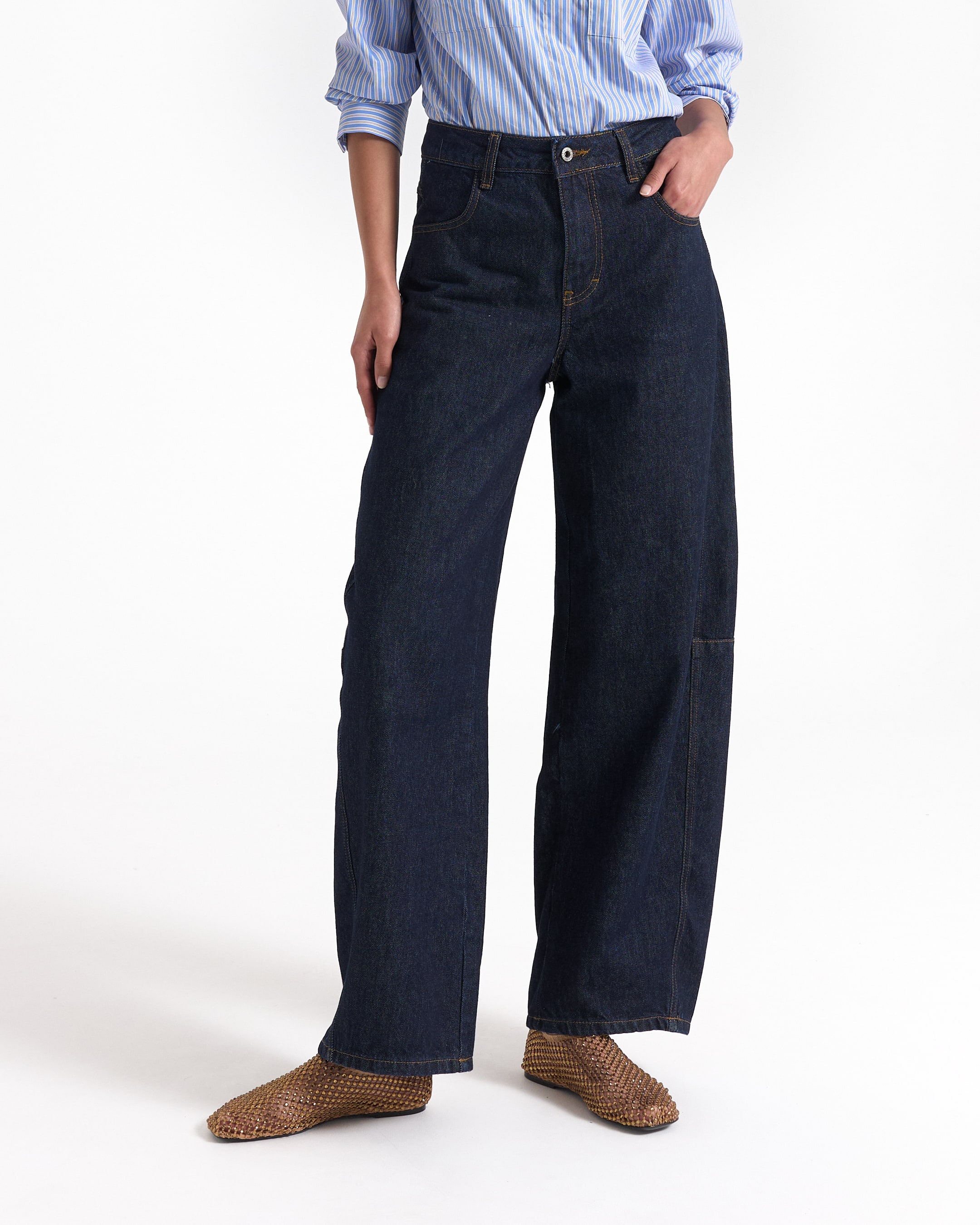 jeans, wide-leg, dark denim, mid-rise, pockets