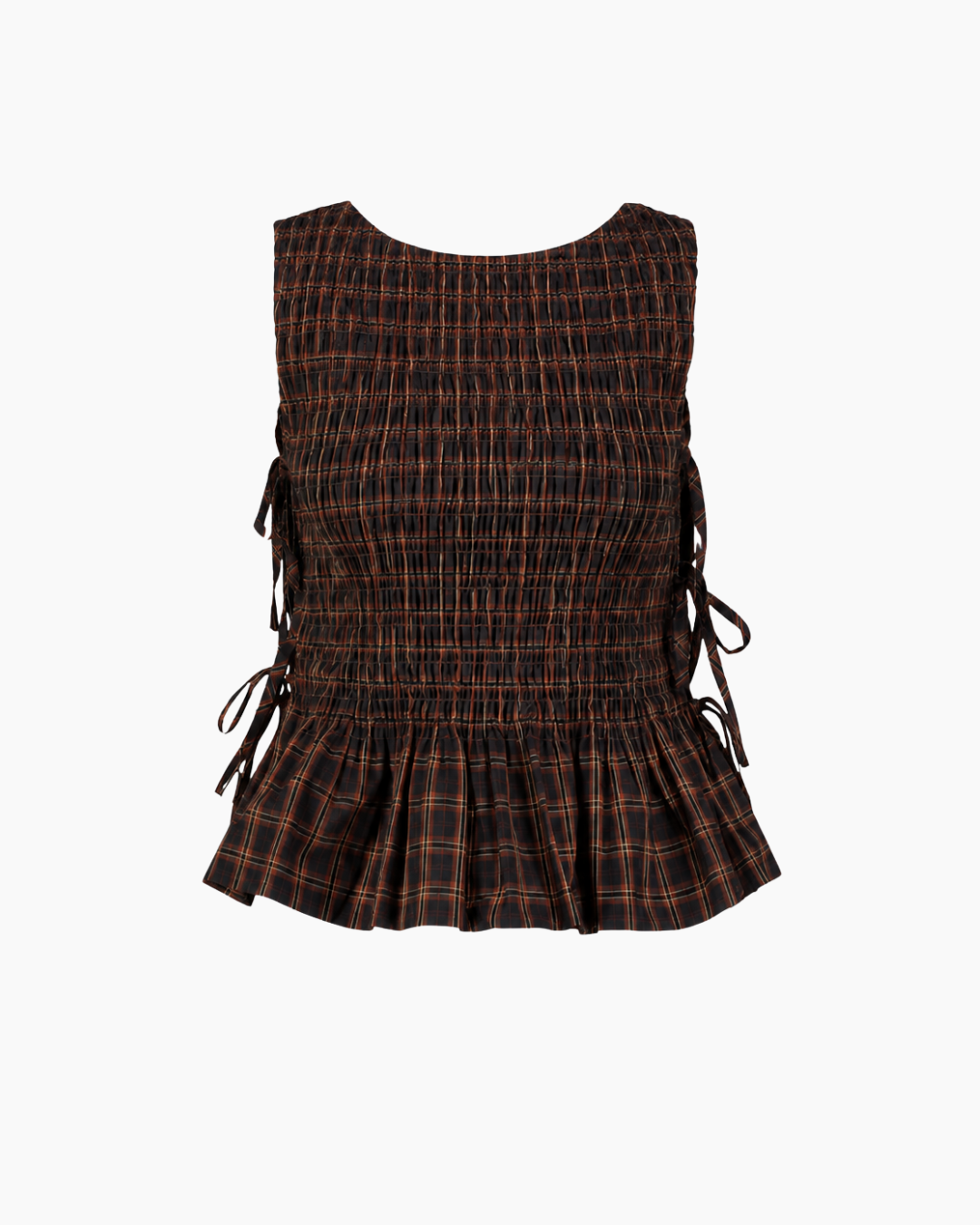 top, sleeveless, smocked, ruched, plaid