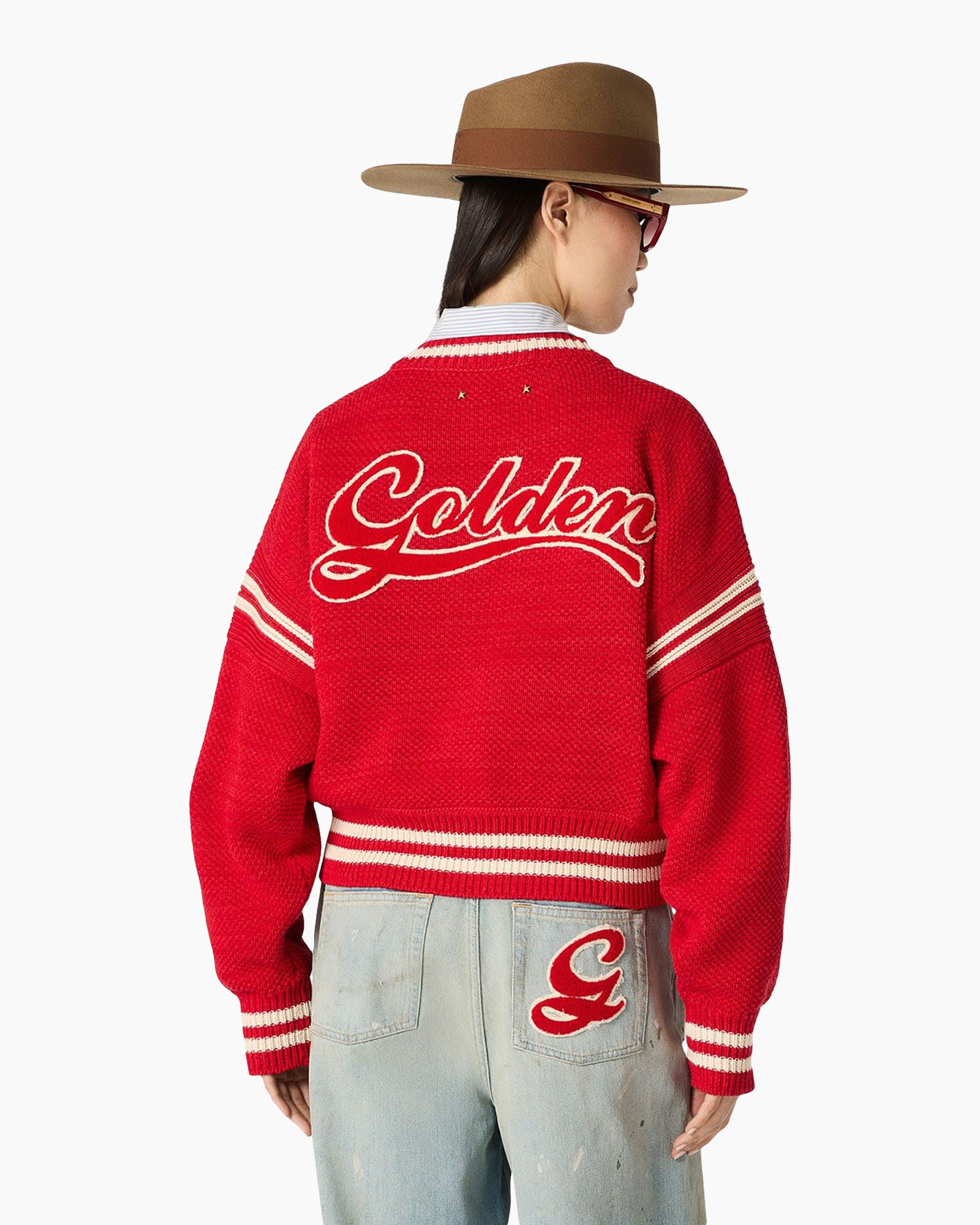 red sweater, lettering, knit jacket, striped cuffs, jeans pocket embroidery