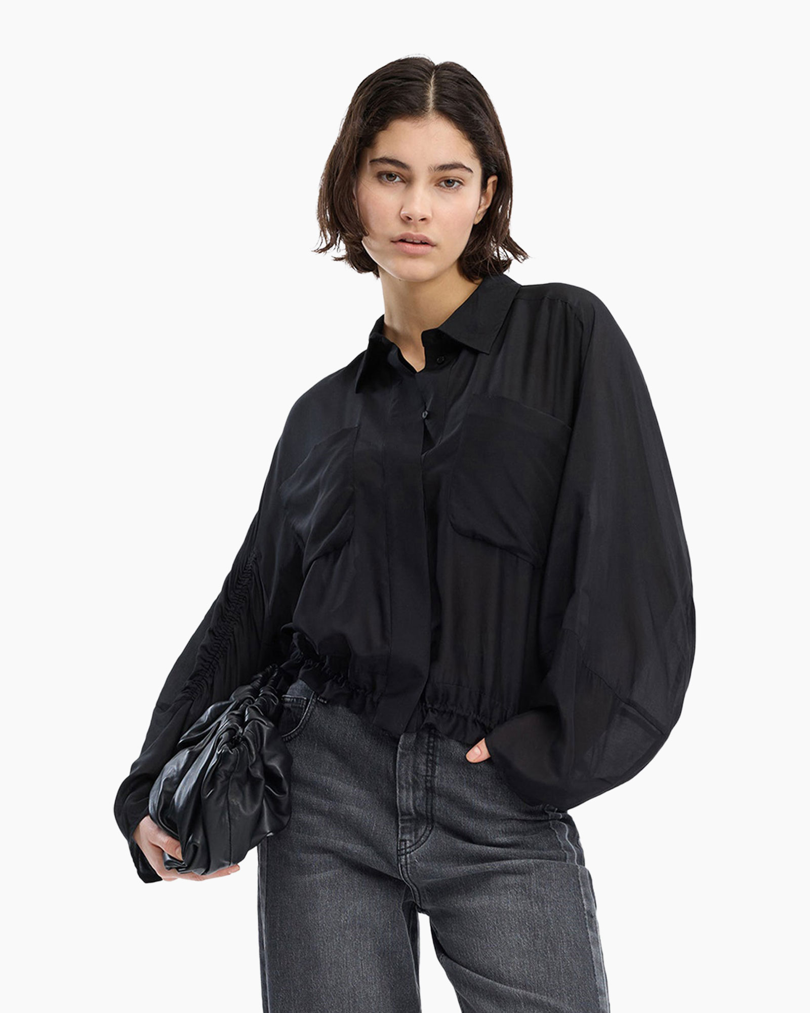 shirt, blouse, black, puff-sleeve, drawstring