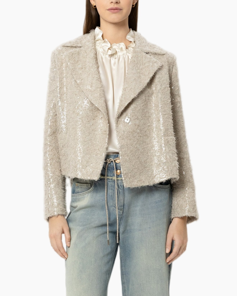 sequined jacket, beige boucle, blazer, cropped jacket, texture coat