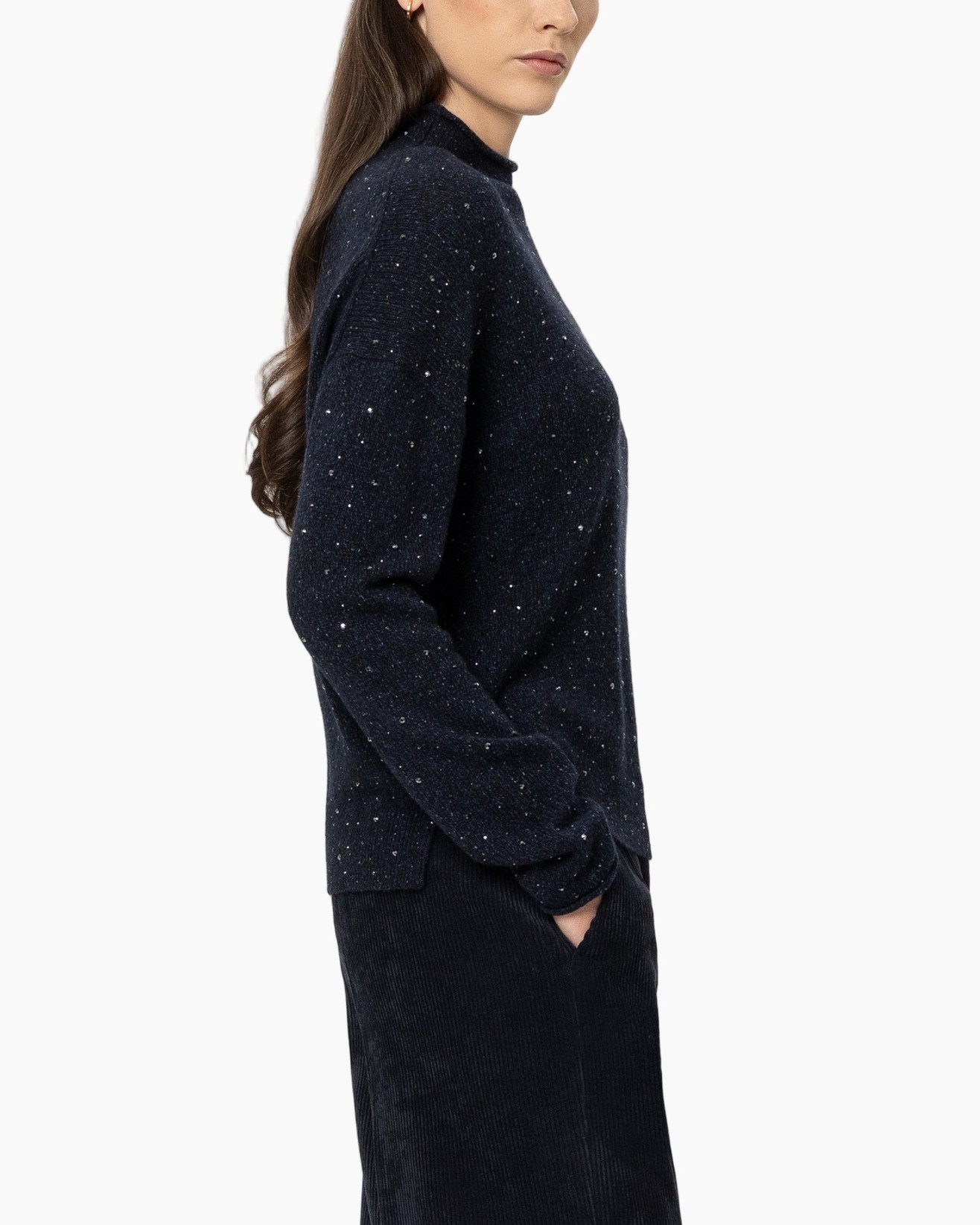 knit sweater, navy, speckled, long sleeve, crew neck