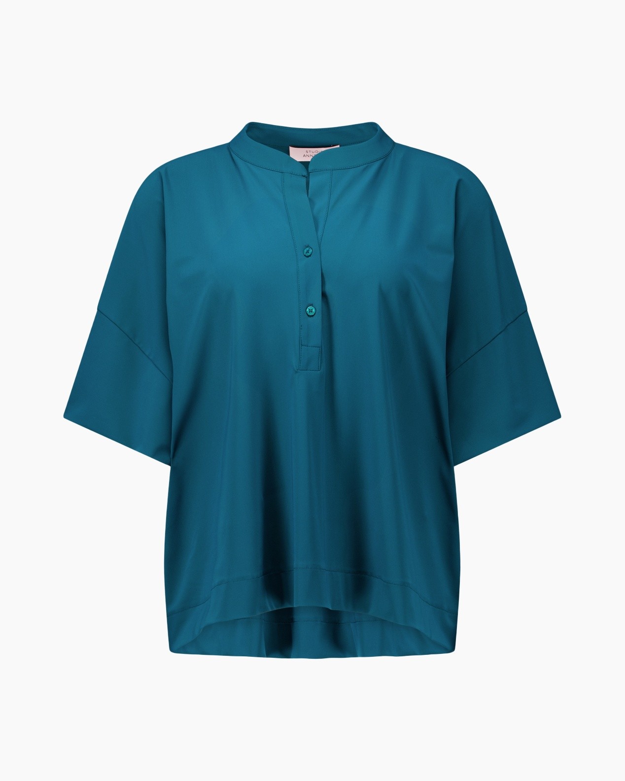 blouse, teal, short-sleeve, button placket, round neckline