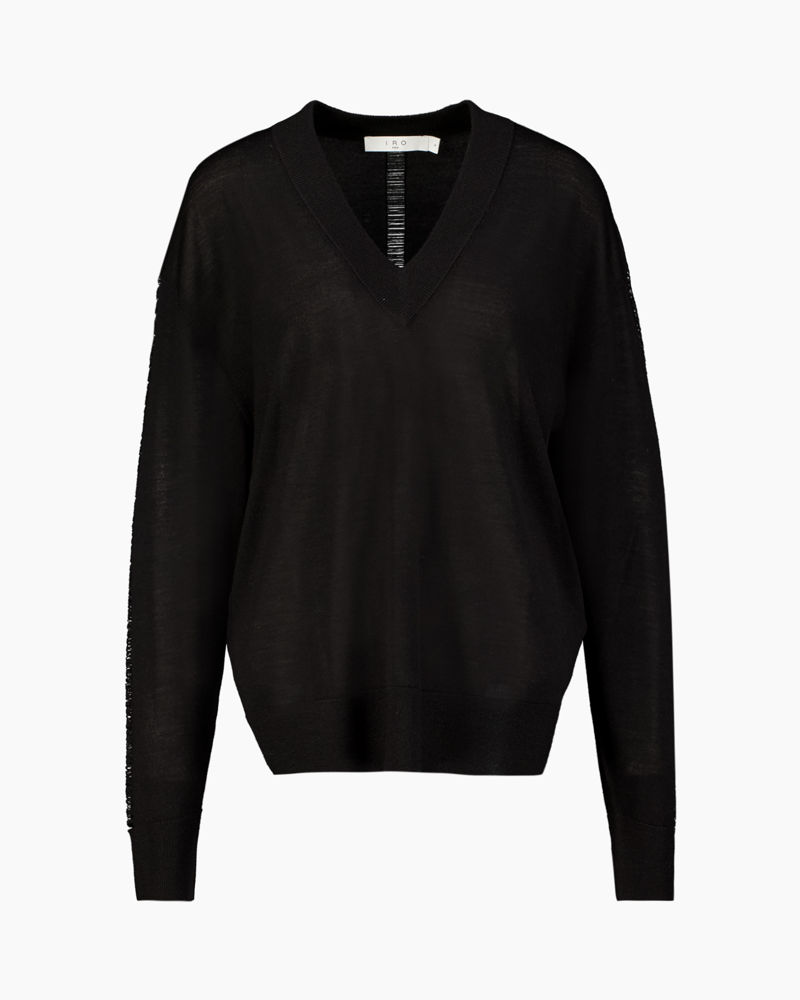 black sweater, V-neck, long sleeve, knit, loose fit