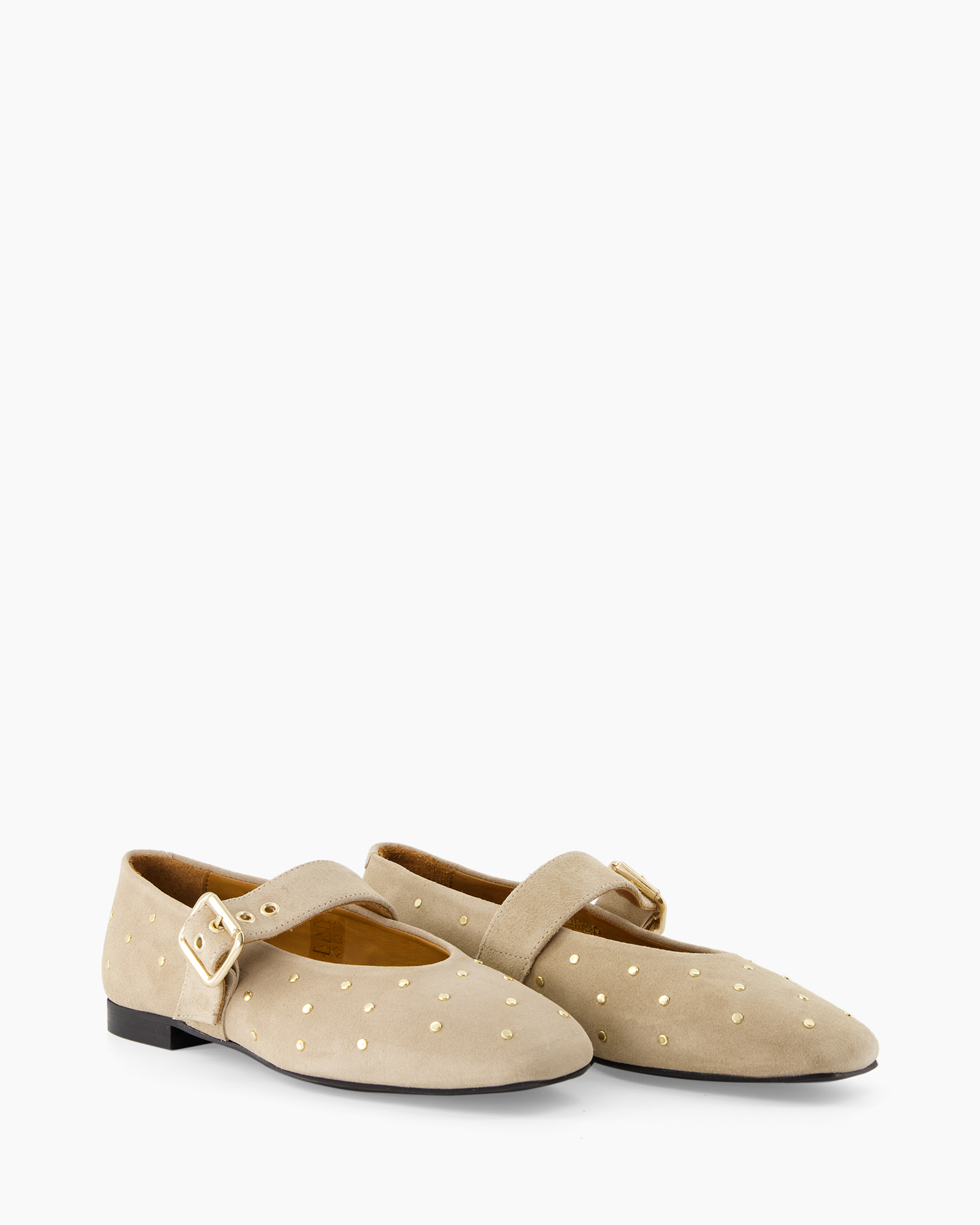 buckle, flat shoe, beige suede, gold stud, women's loafer
