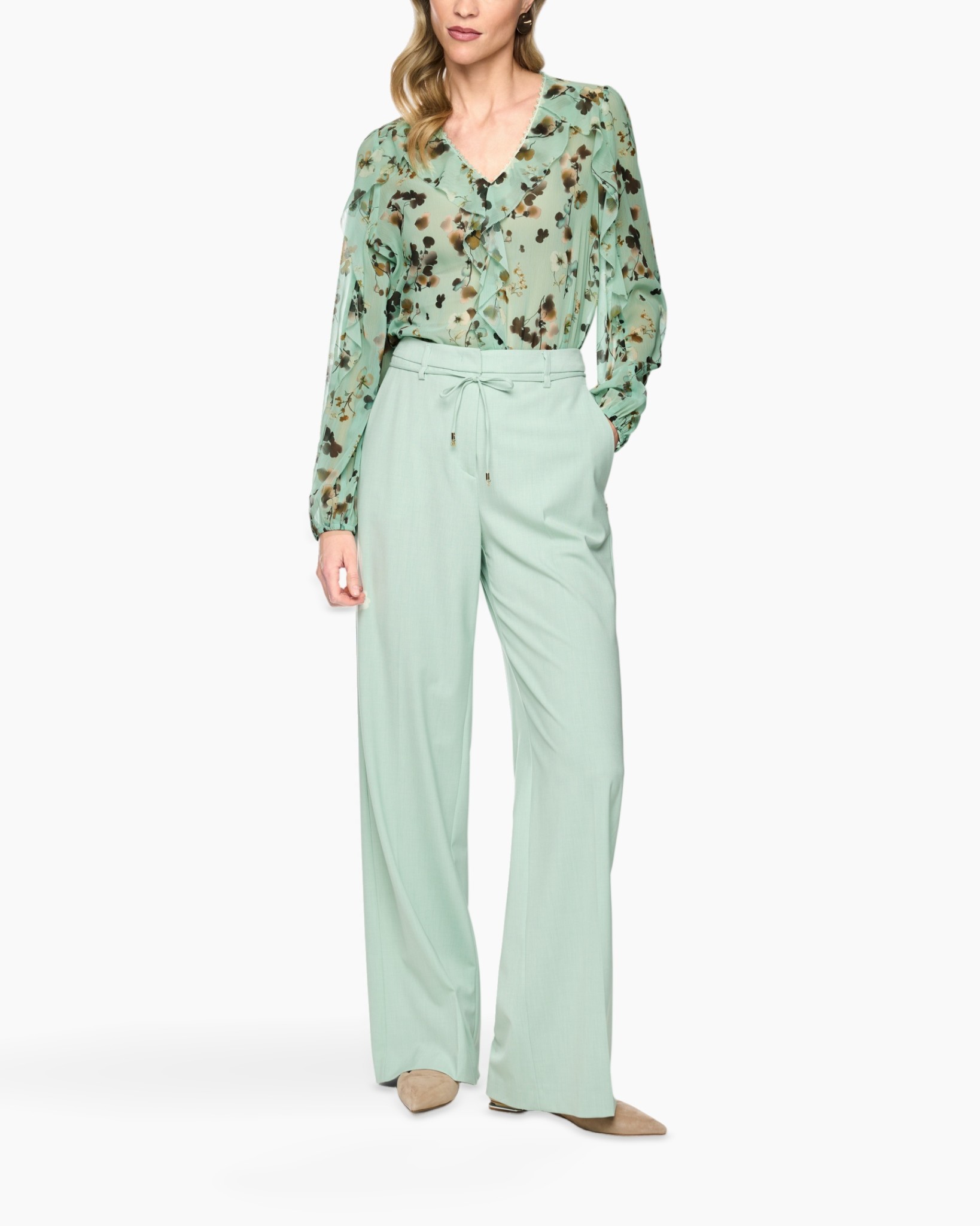 floral blouse, mint green, long sleeves, high waist trousers, wide leg