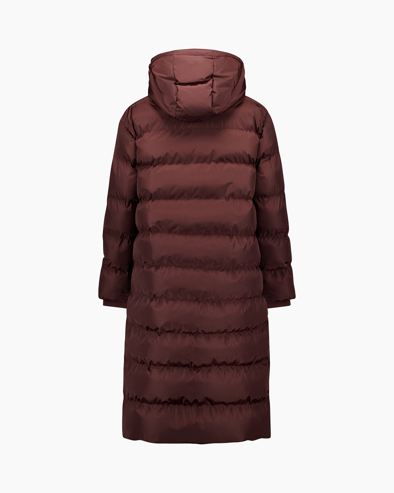 down coat, puffer, long coat, burgundy, hooded