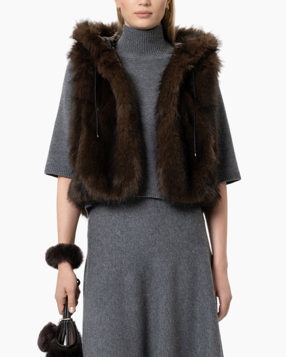 fur vest, brown fur, vest, outerwear, turtleneck dress