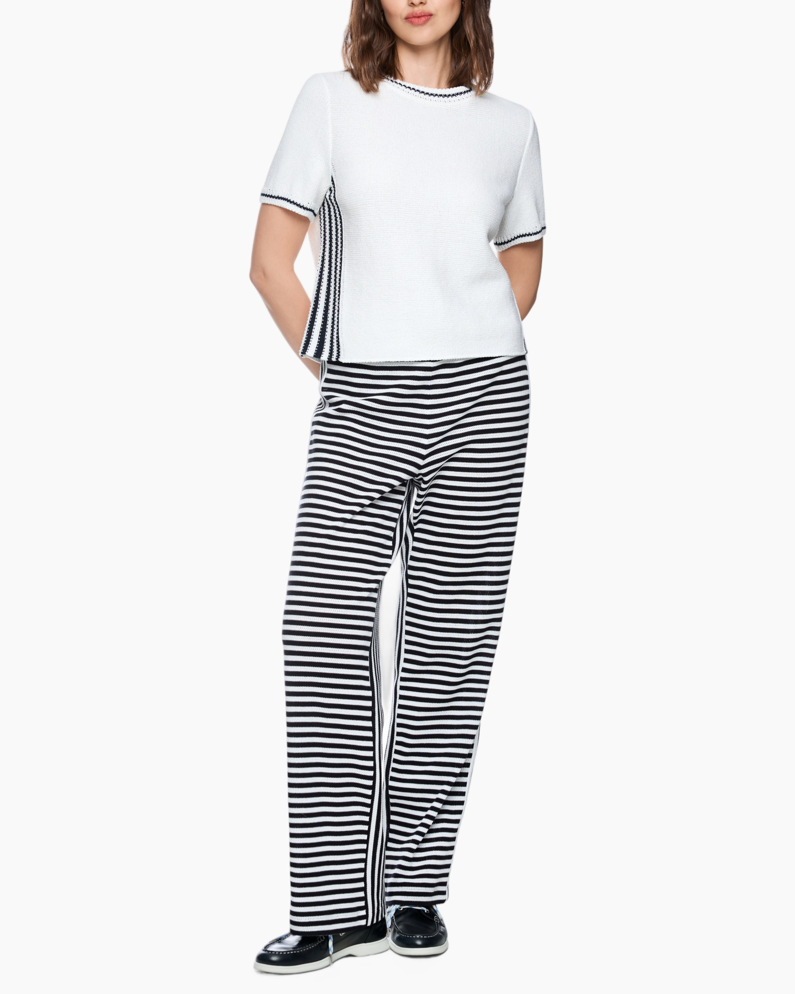 top, short sleeve, white, knit, pants, striped