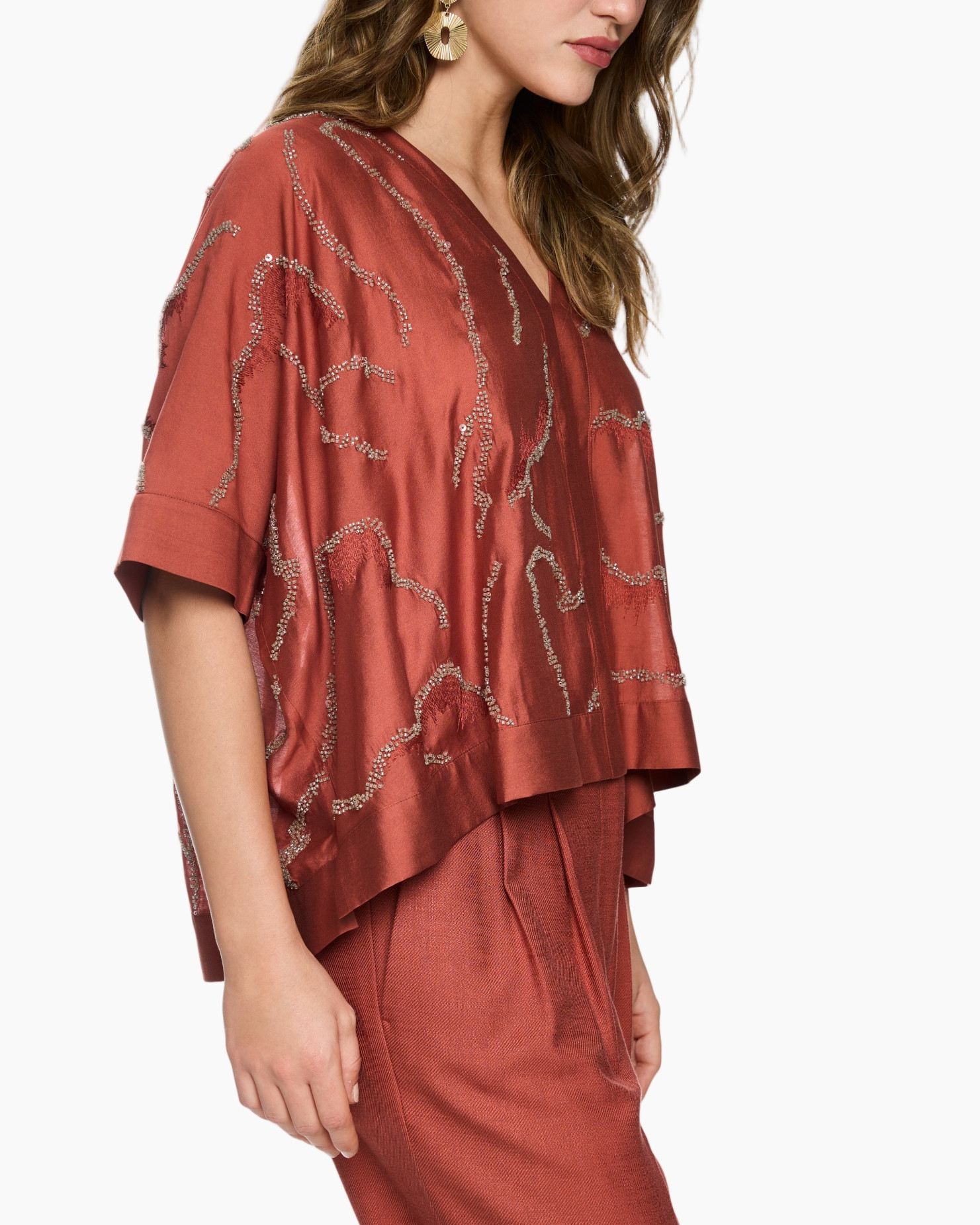 top, blouse, embellished, brown, silky