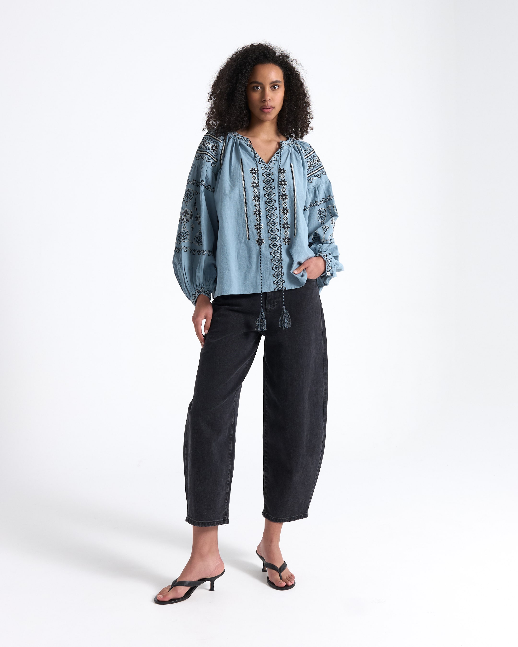 blouse, embroidered, peasant, blue, long-sleeve