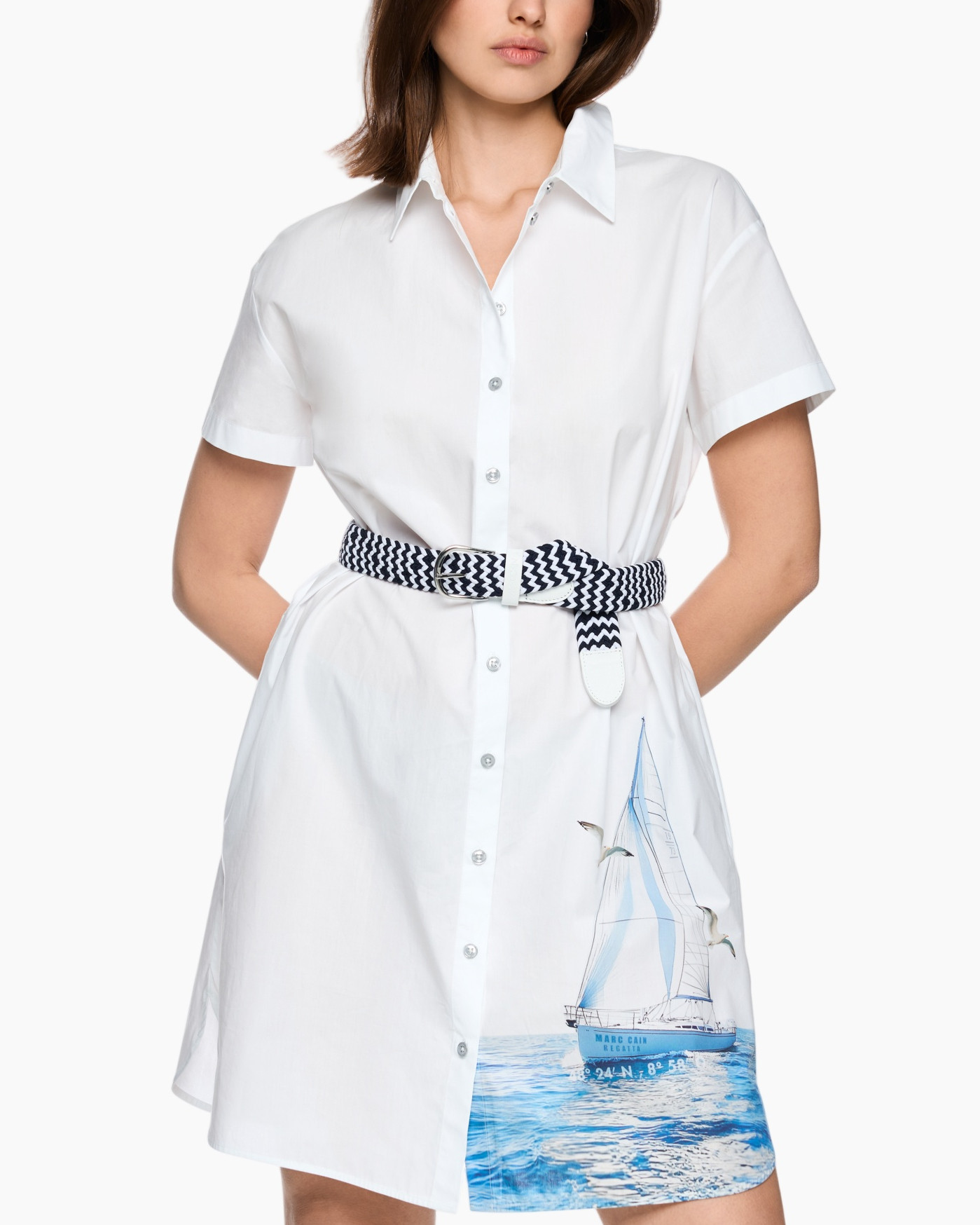 shirt, dress, belt, white, sailboat print