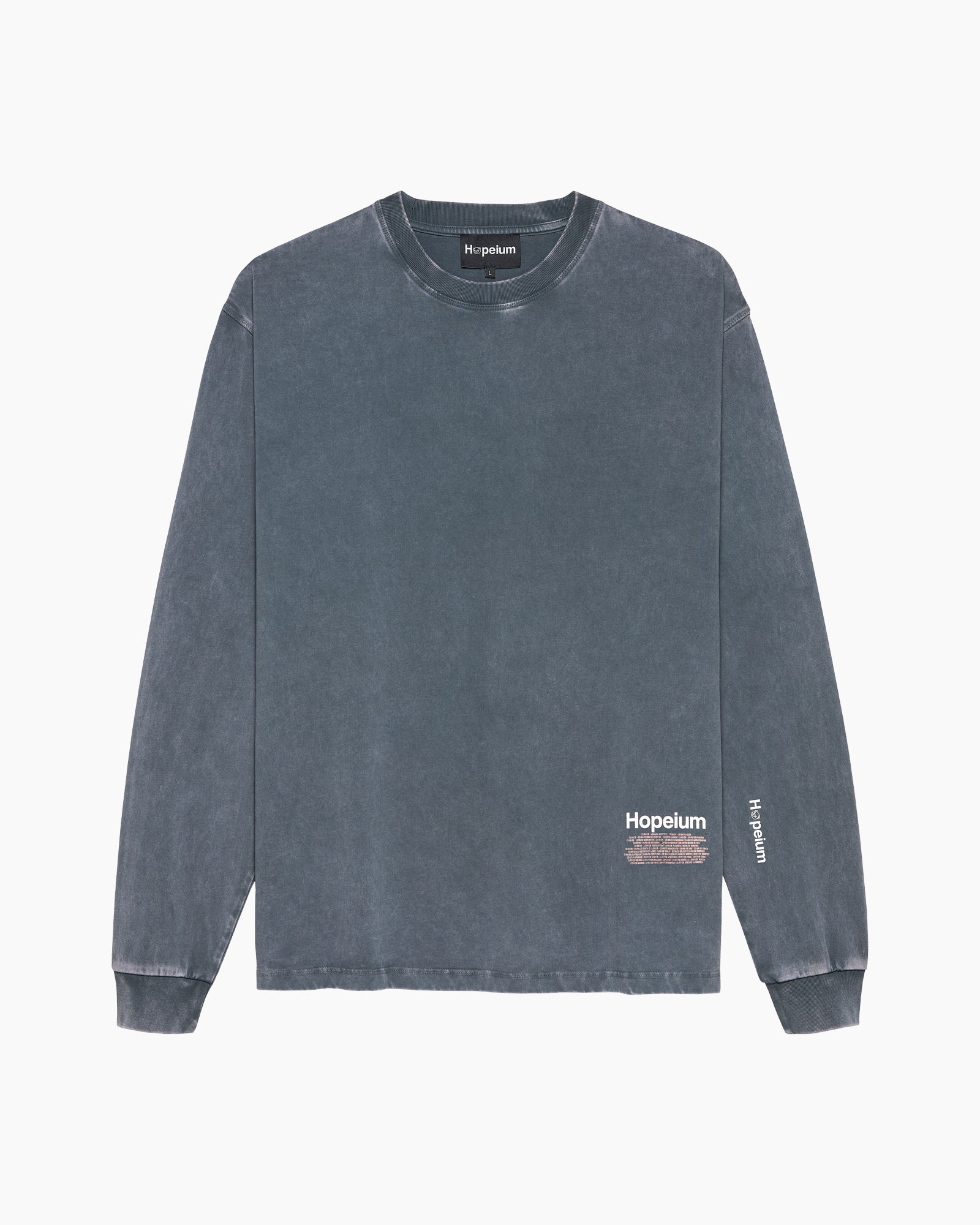 long-sleeve, blue-gray, washed, crew-neck, logo-graphic