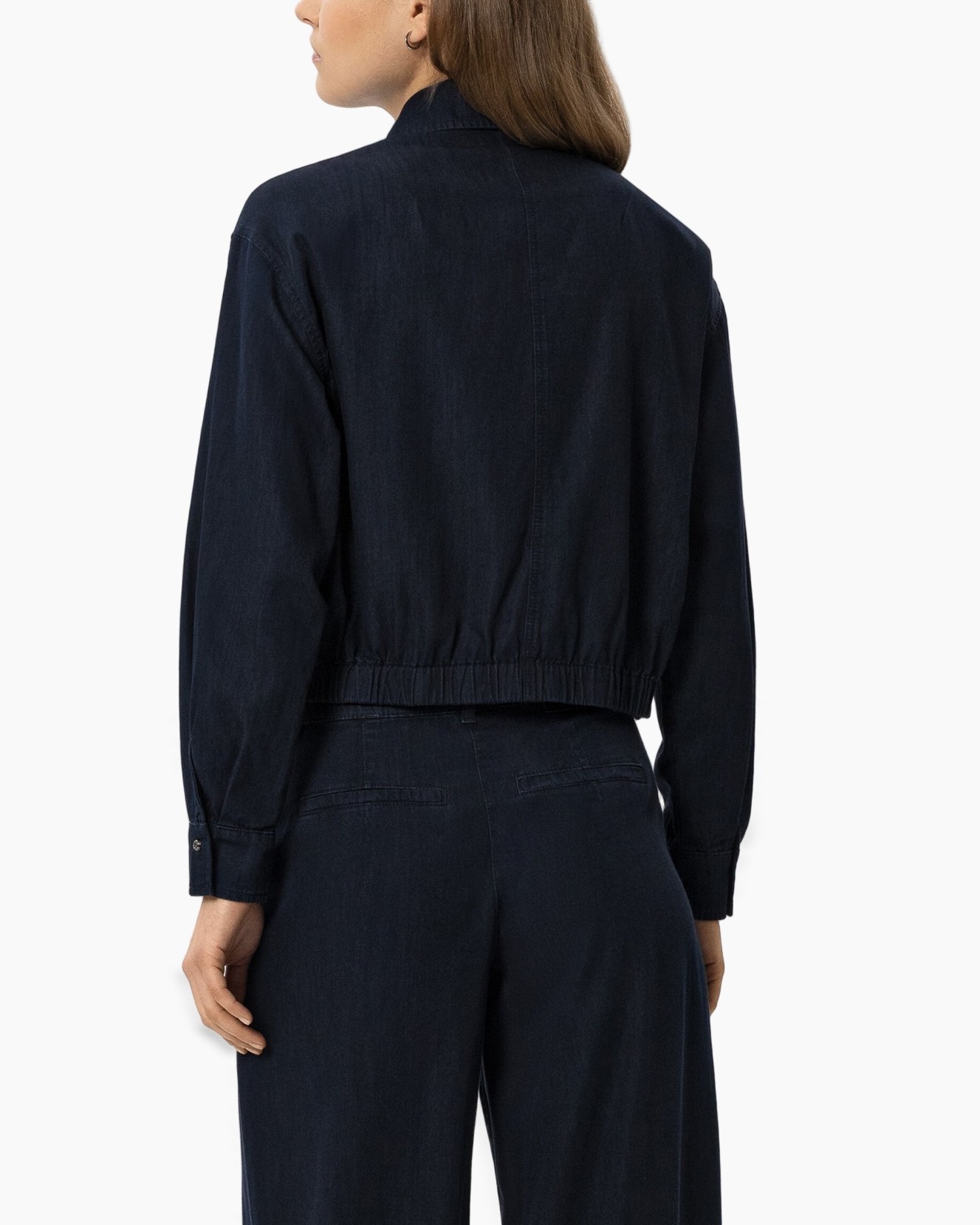 denim shirt, button-down, collar, long sleeves, belted