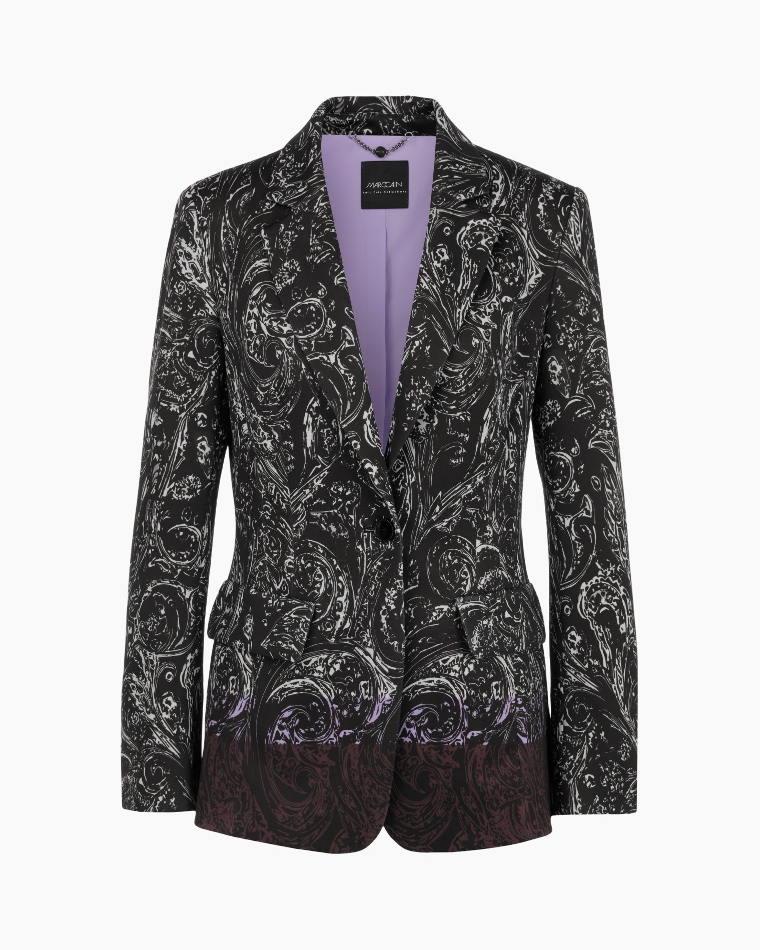 blazer, jacket, paisley pattern, black, purple lining