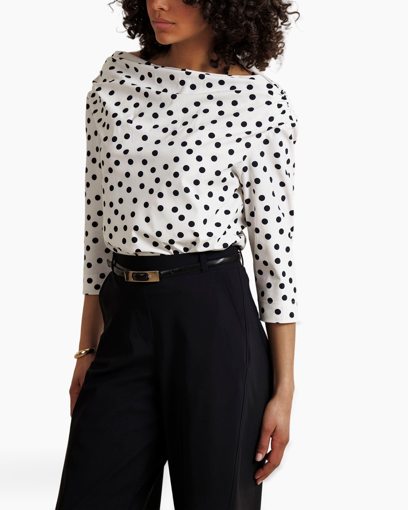polka dot, blouse, 3/4 sleeve, white black, top