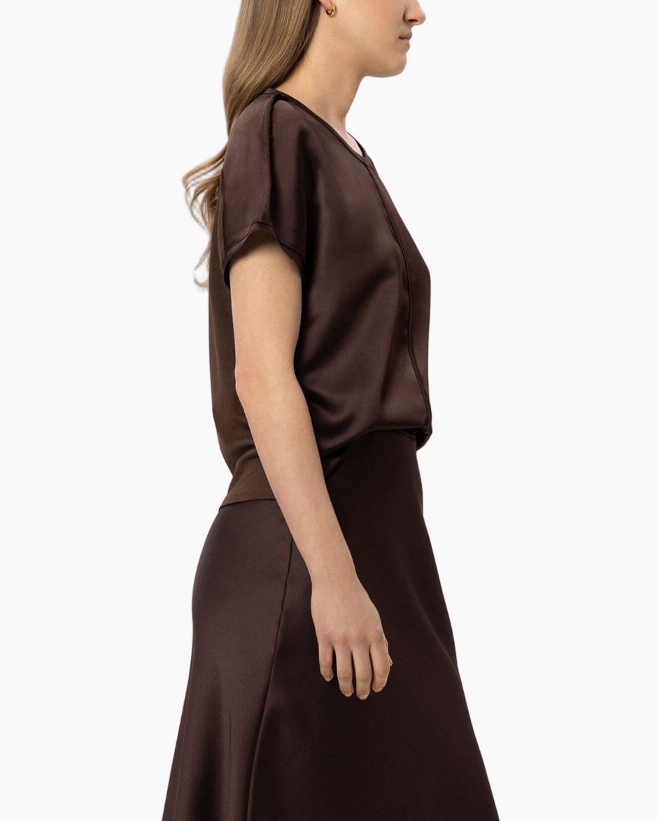 top, short sleeve, silk, brown, tunic? skirt set