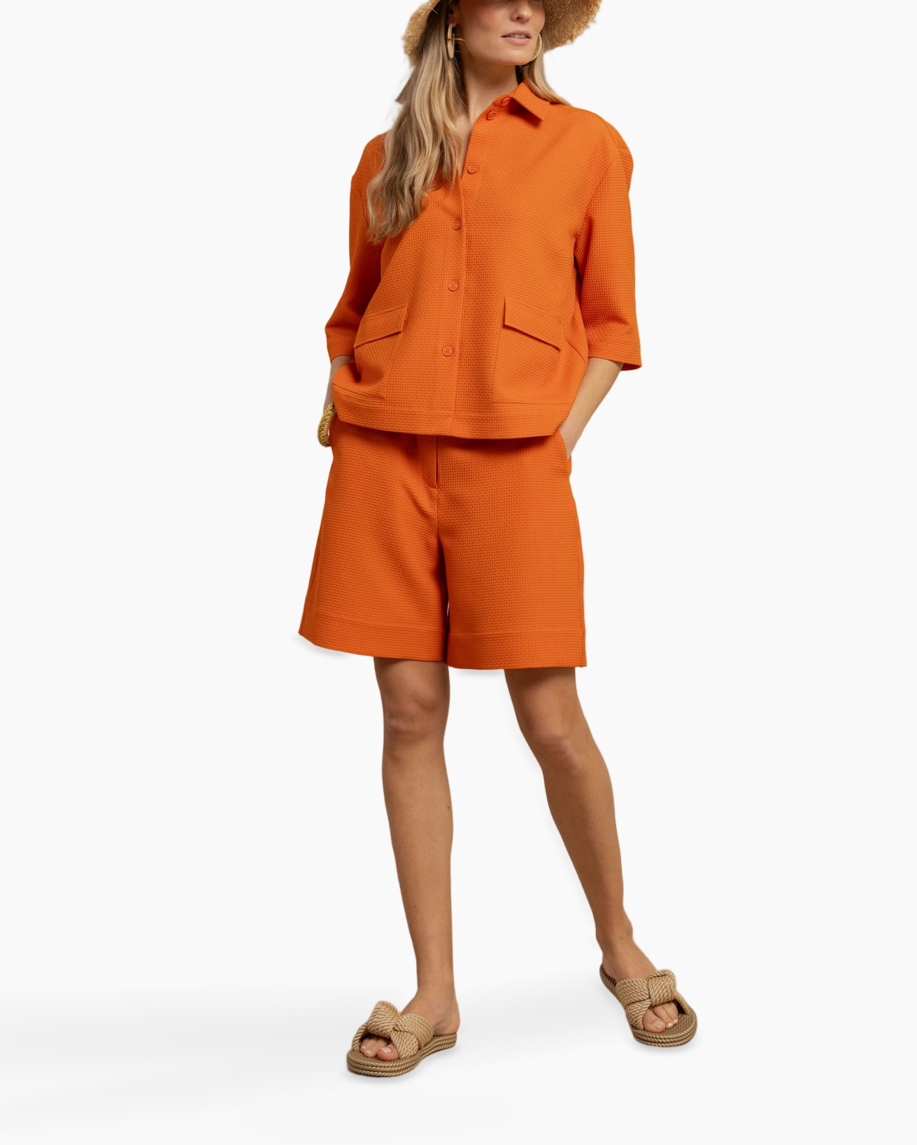 shorts, top, jacket, orange, linen-like