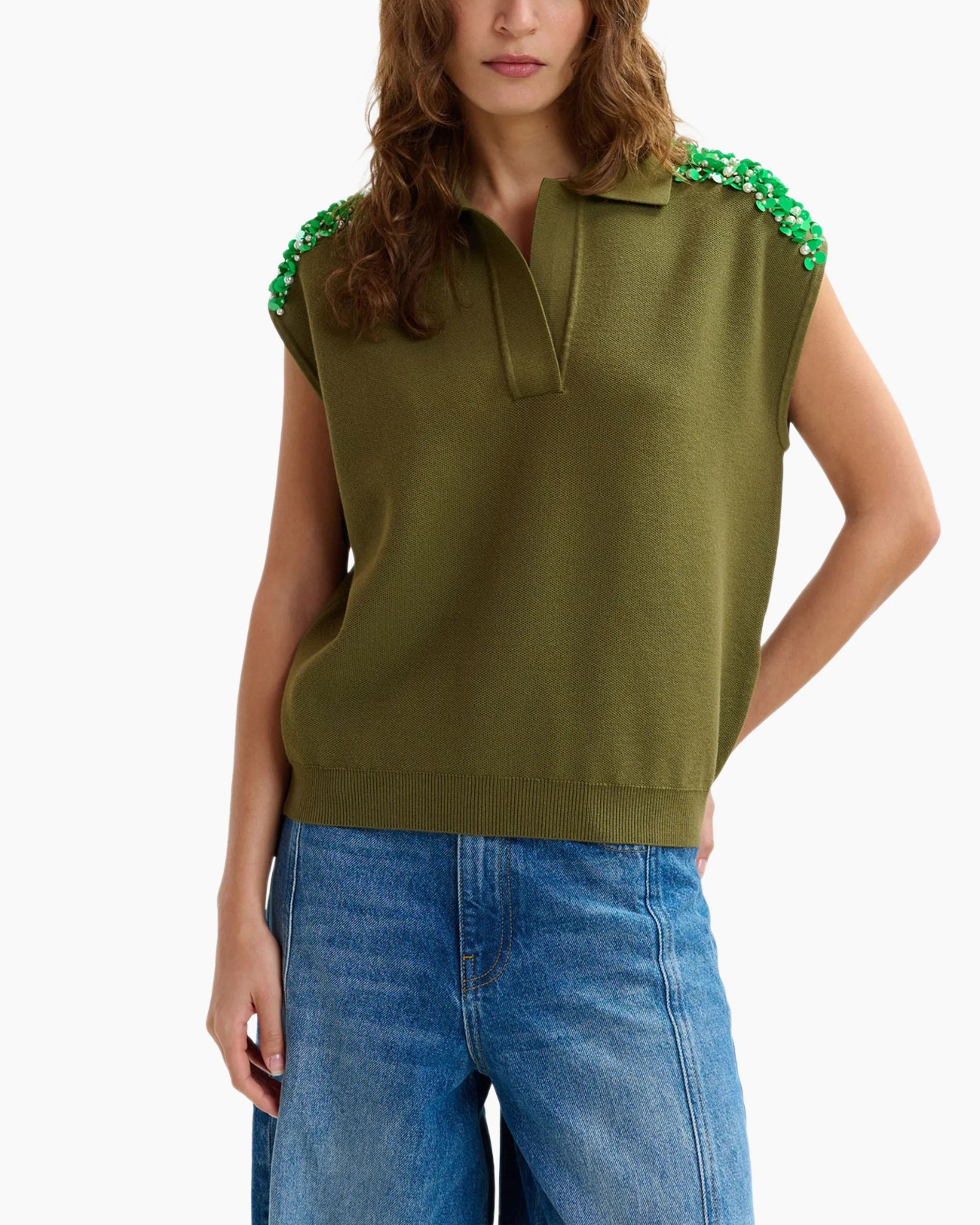 sleeveless top, olive green, embellished shoulders, knit polo, casual blouse