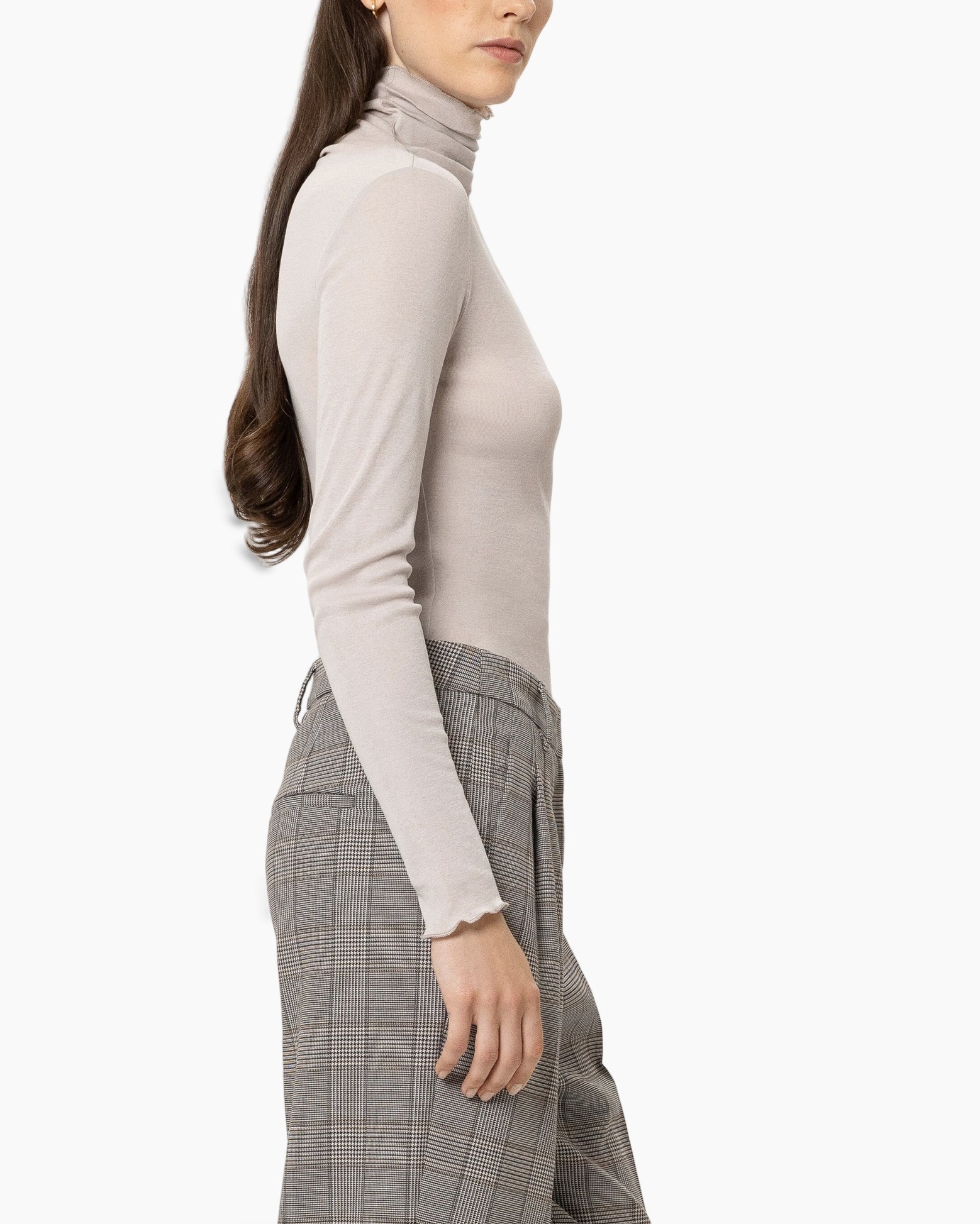 turtleneck, long sleeve, beige, plaid pants, high-waisted