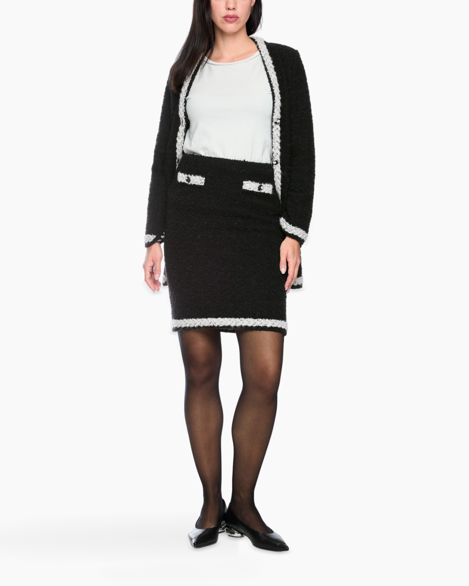 black skirt, tweed skirt, white trim, cardigan set, pencil skirt