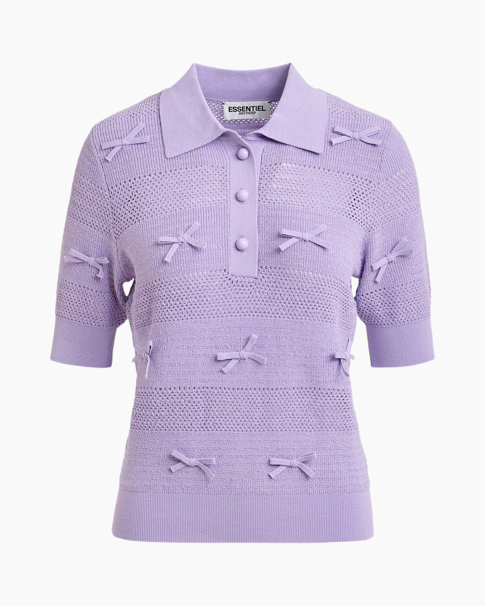 knitted polo, lilac sweater, bow accents, short sleeves, mesh knit