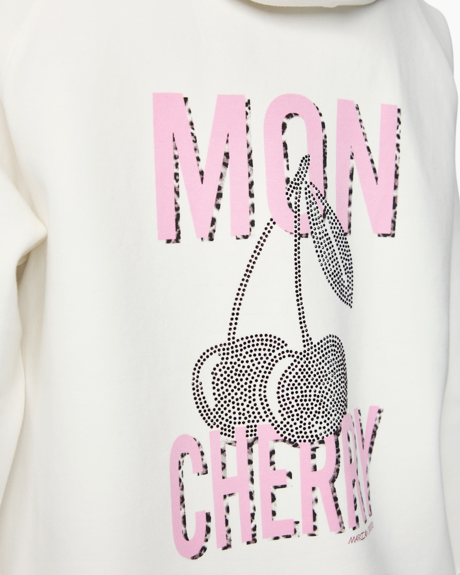 hoodie, graphic, pink letters, cherry graphic, dot pattern