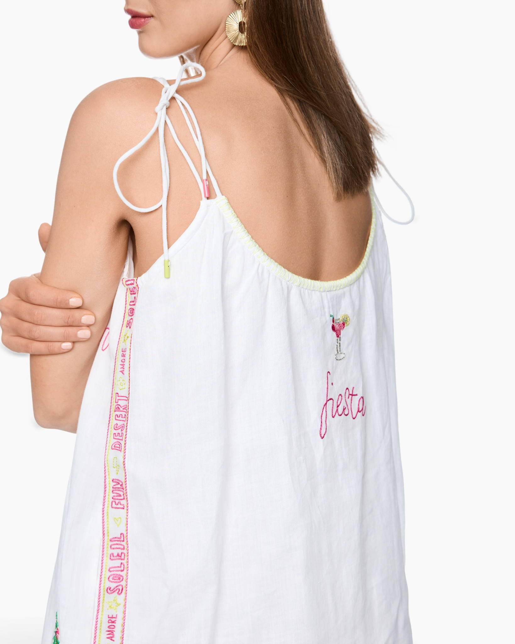 white dress, linen dress, embroidered, adjustable straps, pink embroidery