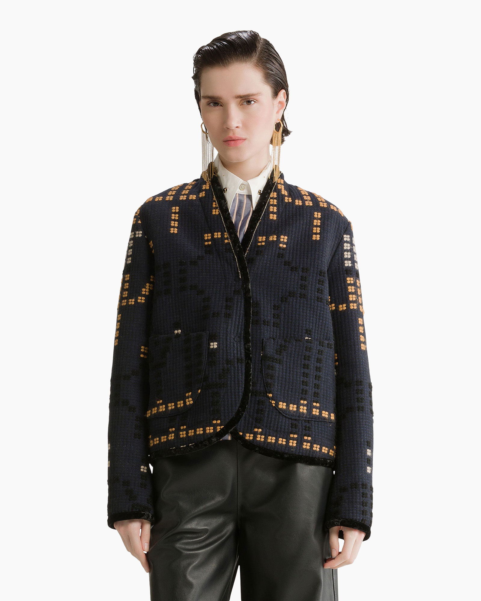 cardigan, knit, pattern, navy, pockets