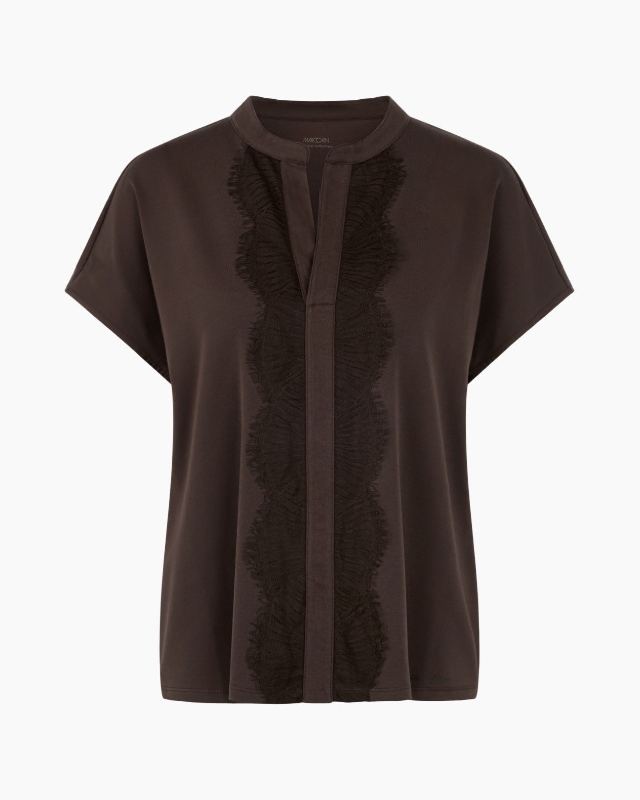 top, blouse, linen?, brown, ruffle trim
