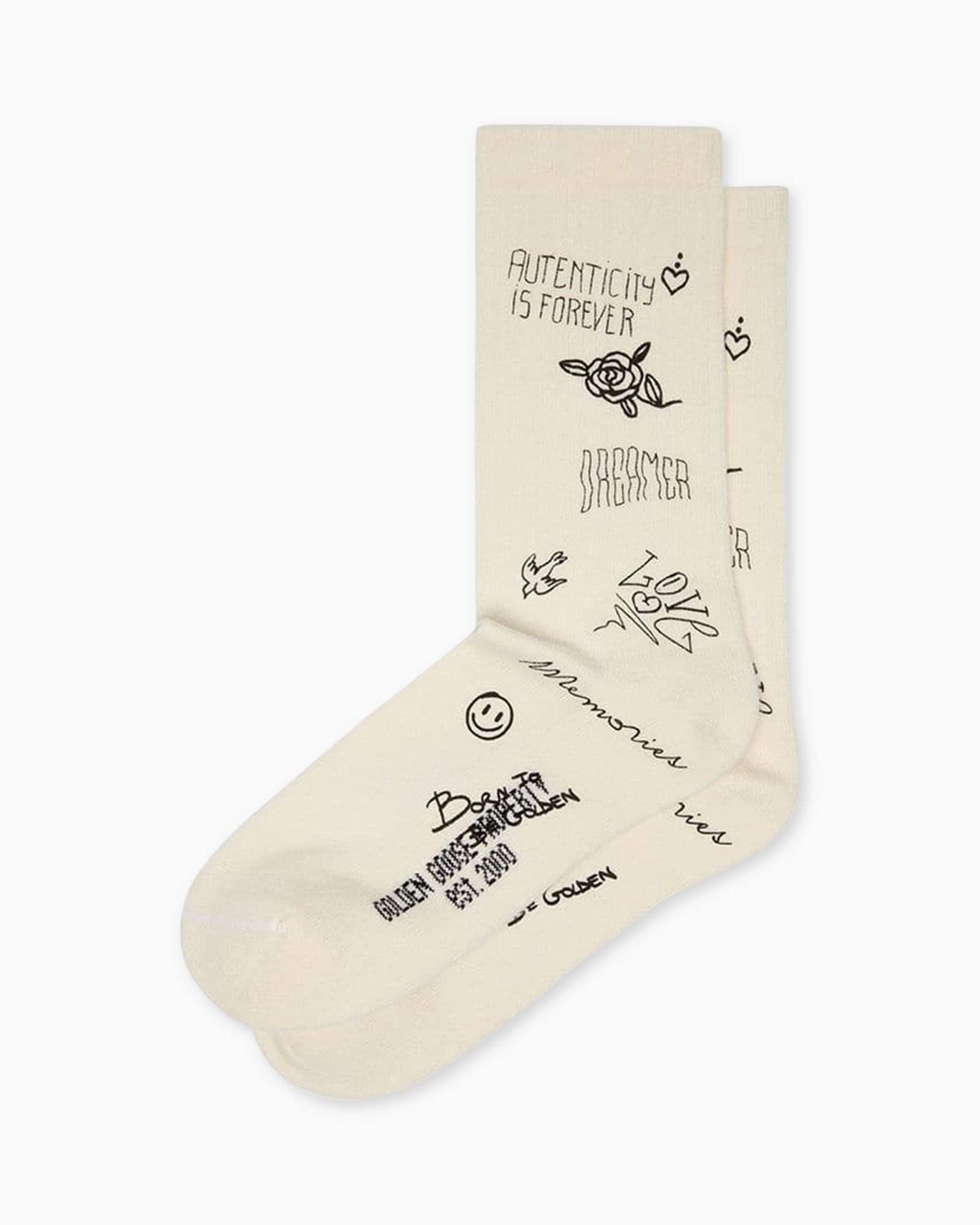 socks, calf-length, beige, printed, text-graphic