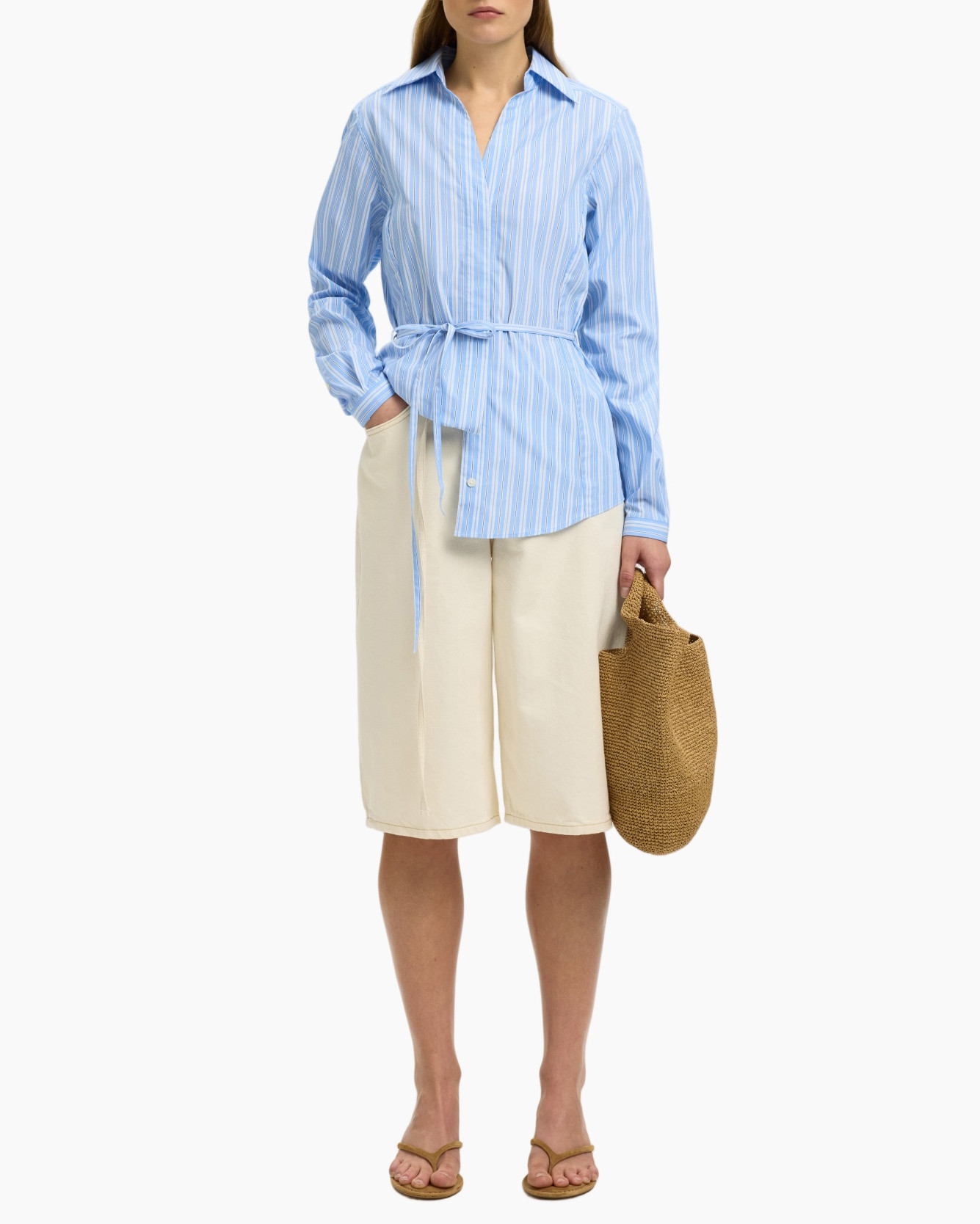 striped shirt, blue shirt, belted shirt, light blue, long sleeves
