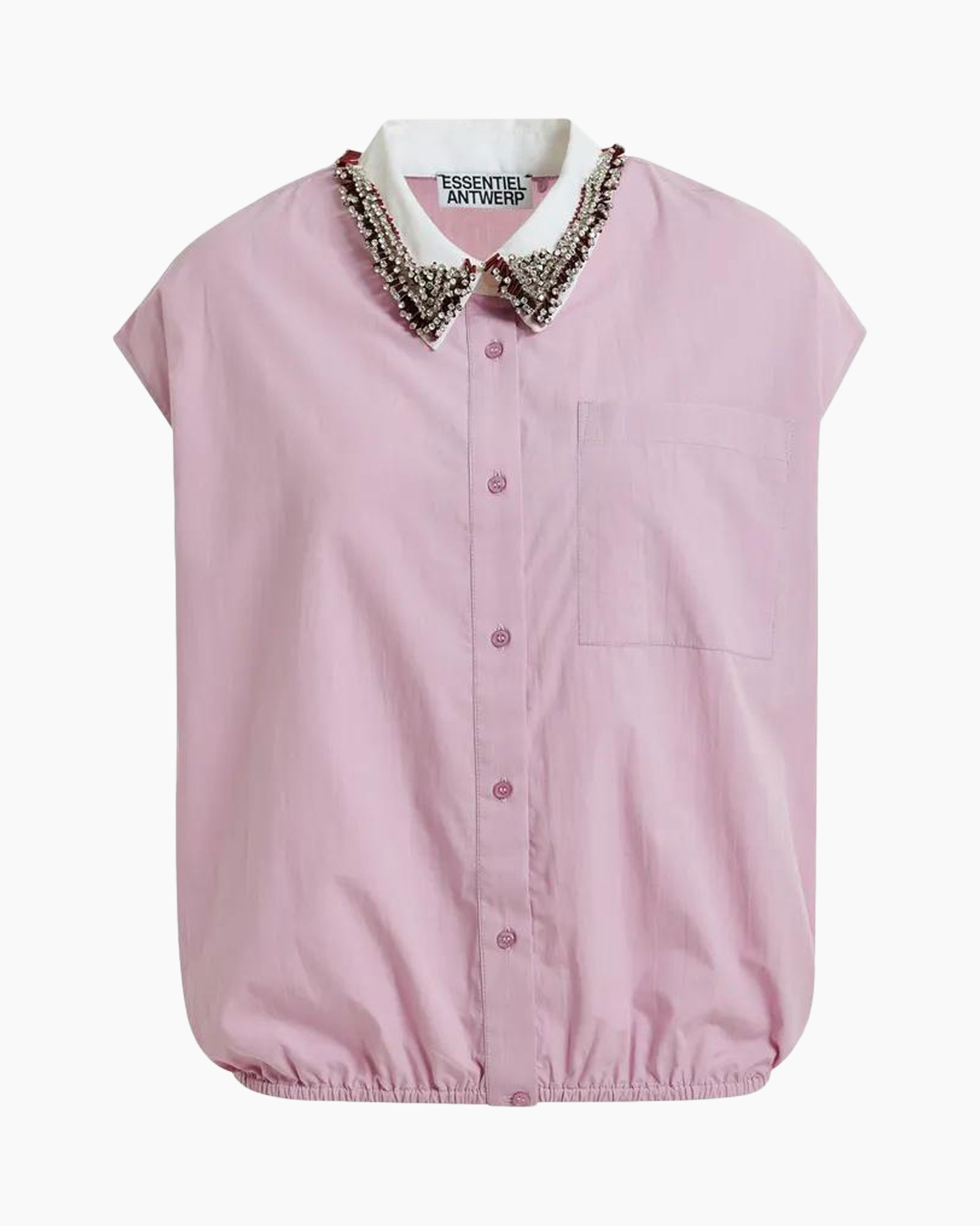 pink shirt, button front, collar detail, short sleeve, elastic hem